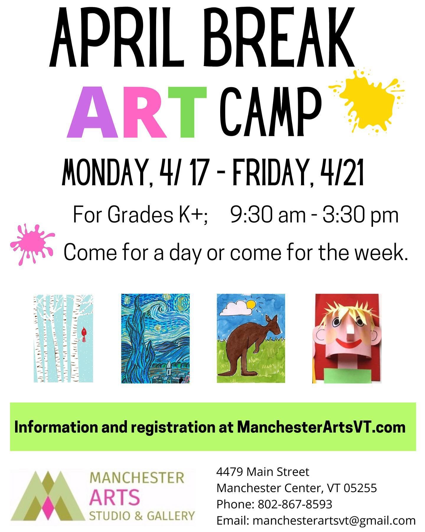 Staying home over the school break? Manchester Arts Studio is having an April Break Art Camp for kids in Grades K+. They can come for a day or the week. Check it out on our website! #artcamp #vacationcamp #manchestervt #southernvtkids #kidsactivities