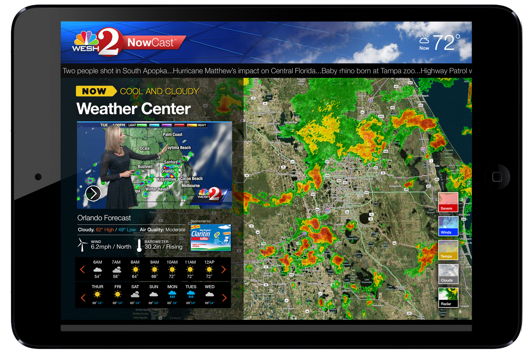 Weather Center module streams current weather report video with real-time interactive satellite view.