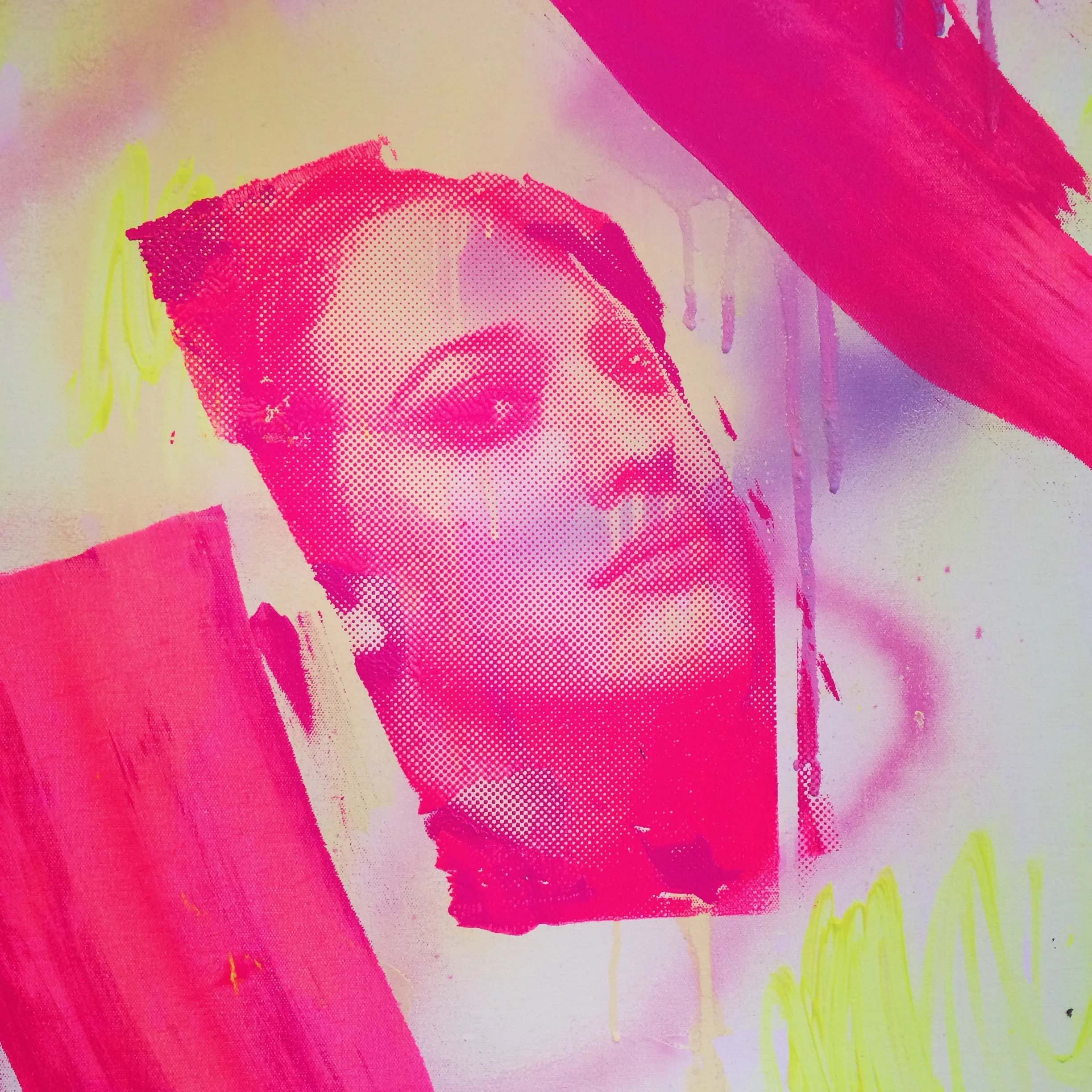 Fash-on, Fash-off, spray paint, acyrlic and silk screen on canvas, 70 x 90 cm
