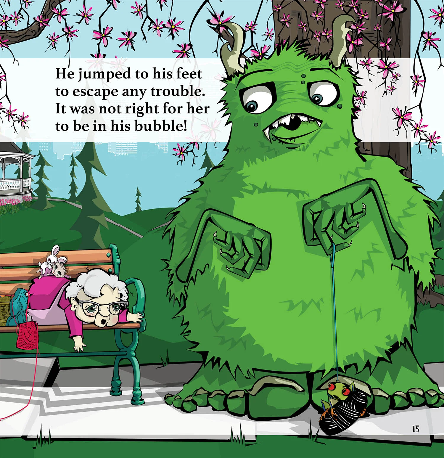 "There Was An Old Lady Who Met A Monster" • digital illustration • childrens book page 15 • 2015