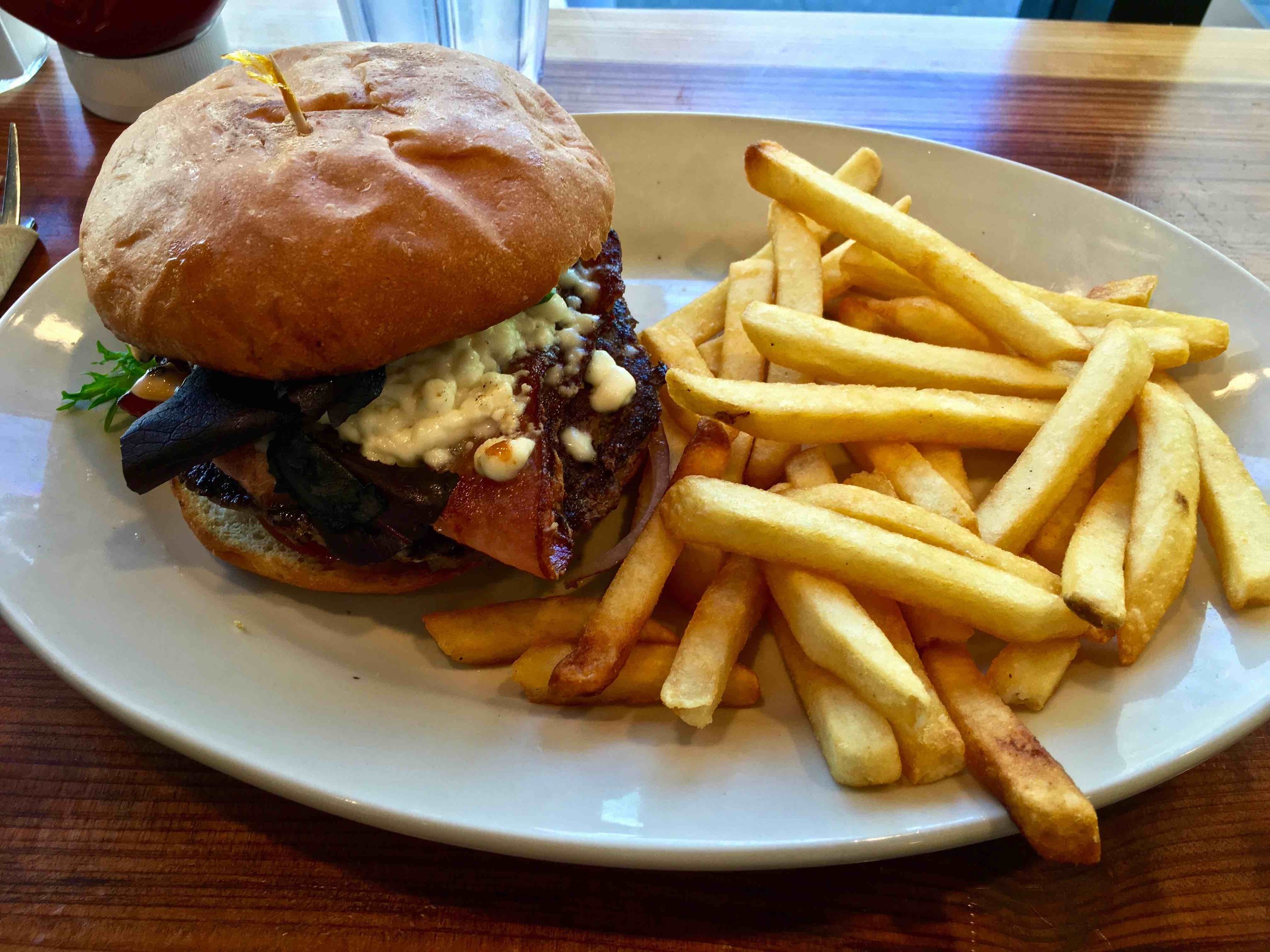 feta burger and fries