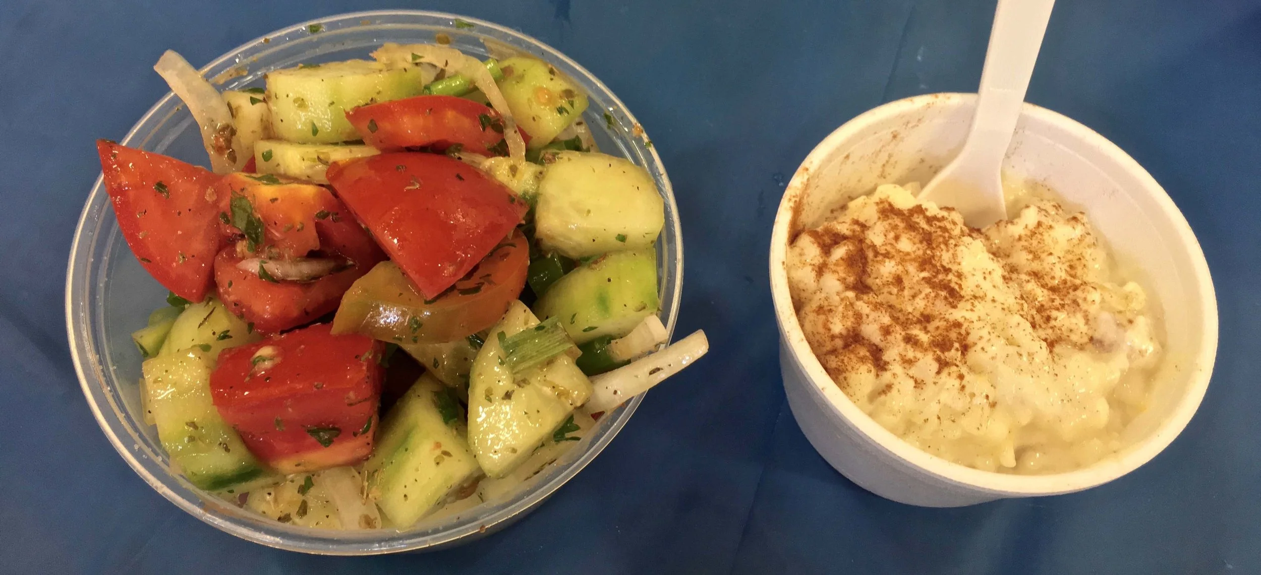 Greek salad and rice pudding
