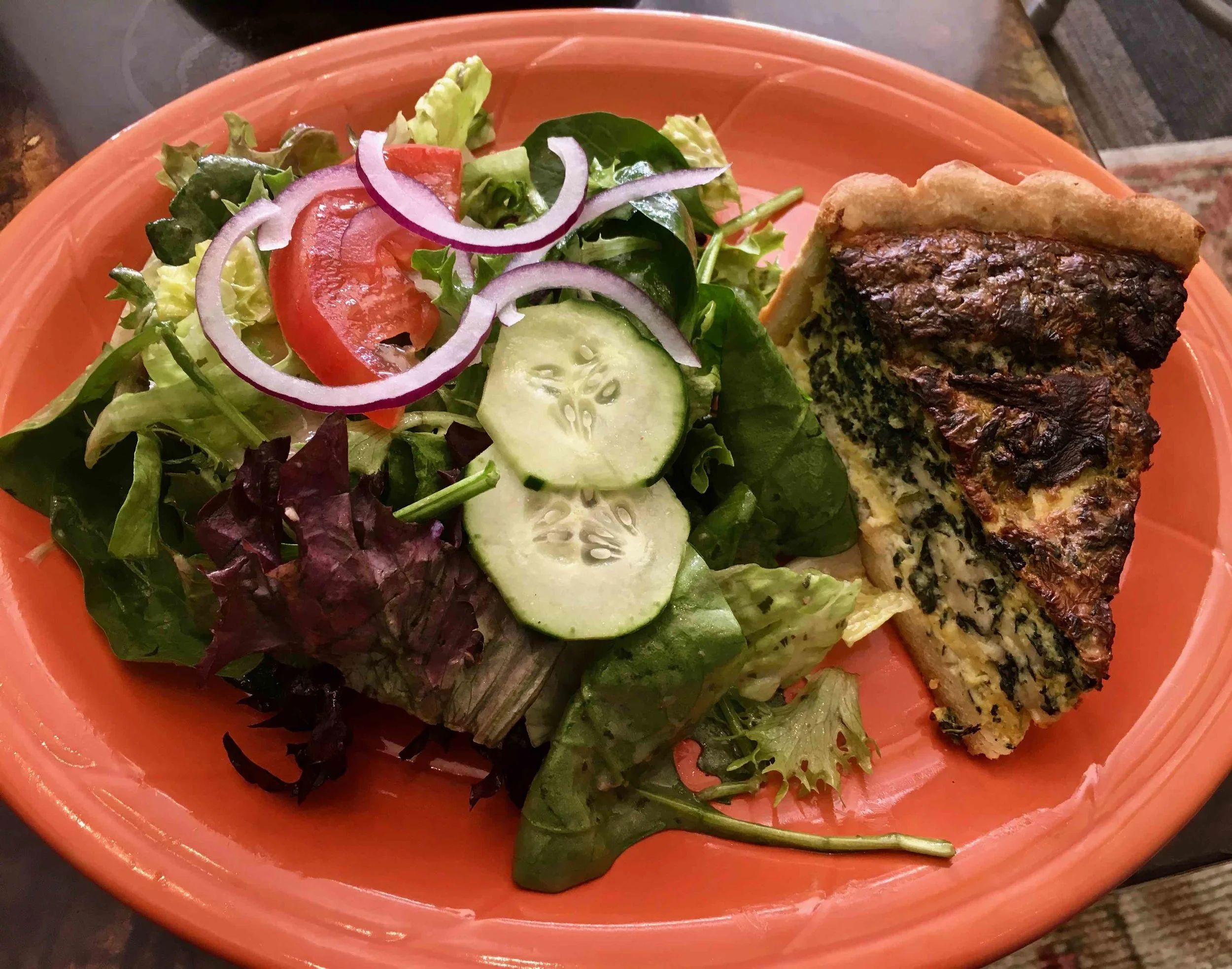 spinach quiche and salad