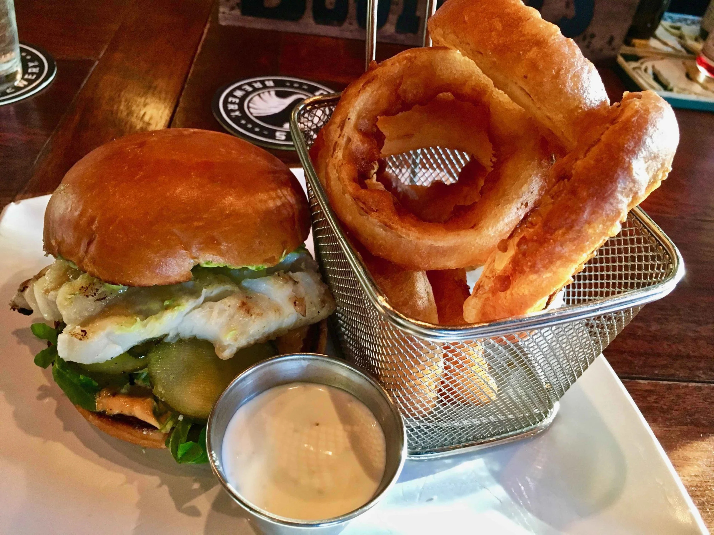fish sandwich and onion rings