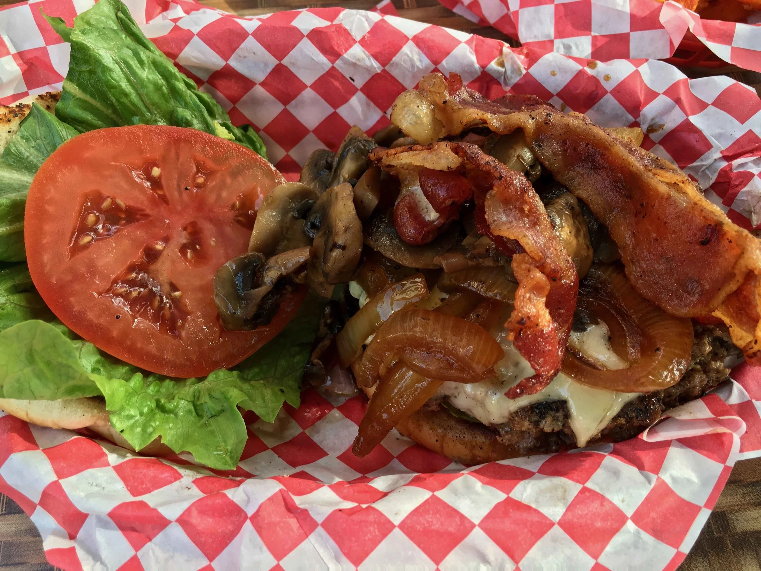 cheeseburger with bacon, mushrooms and onions