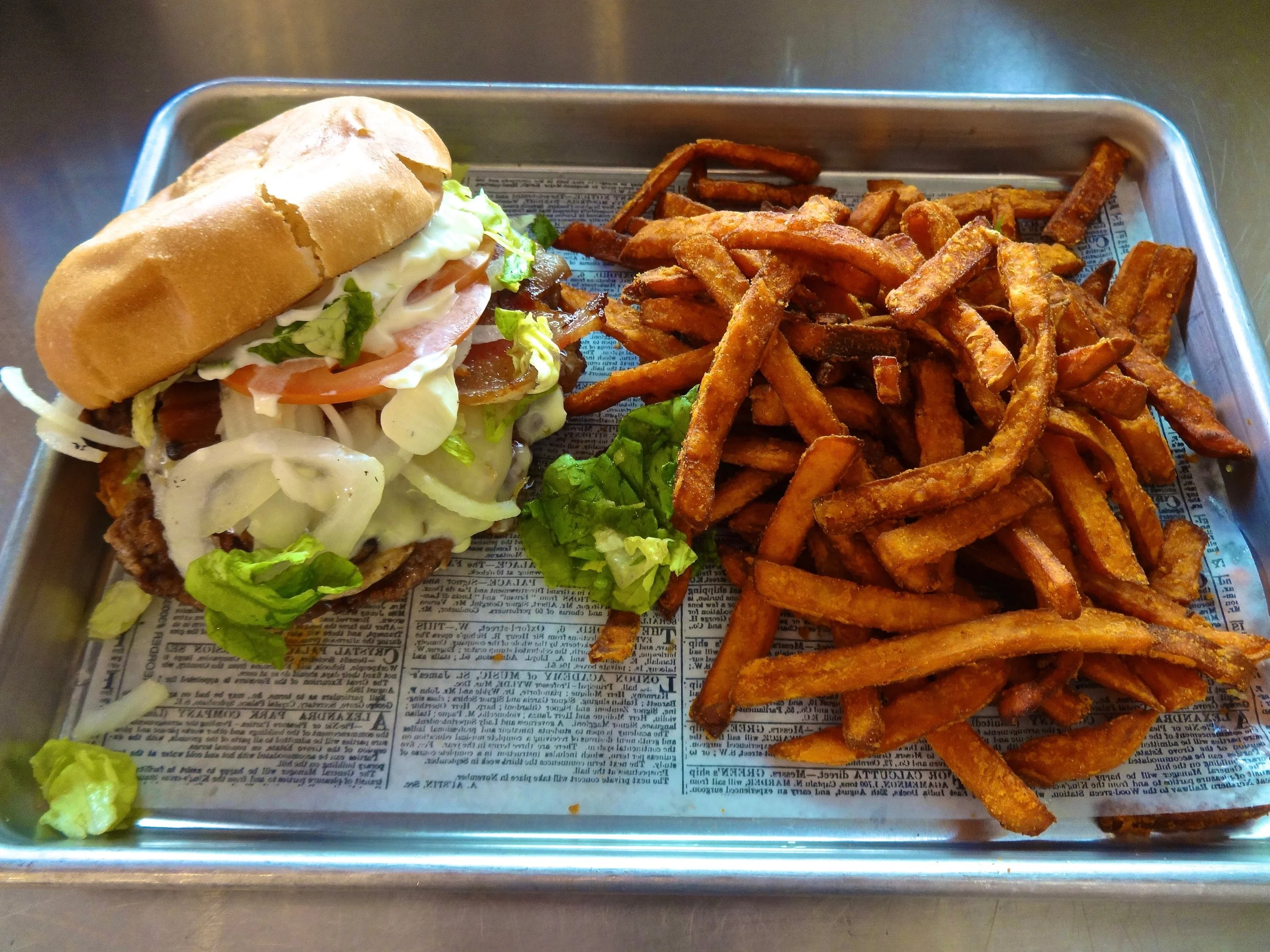bacon cheeseburger and sweet potato fries from Homeskillet