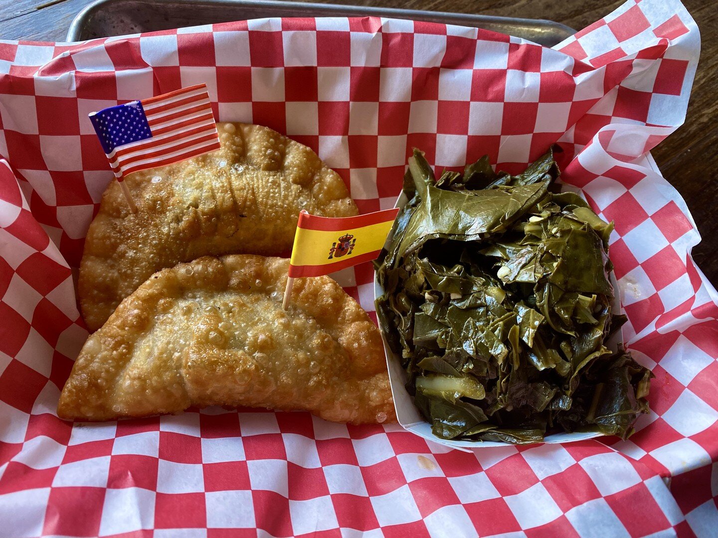 some #pulledpork #empanadas and #collardgreens at #boricuasoul in #durham and a #redstripe #beer to wash it all down #food #placesiveeaten #southern #caribbean
