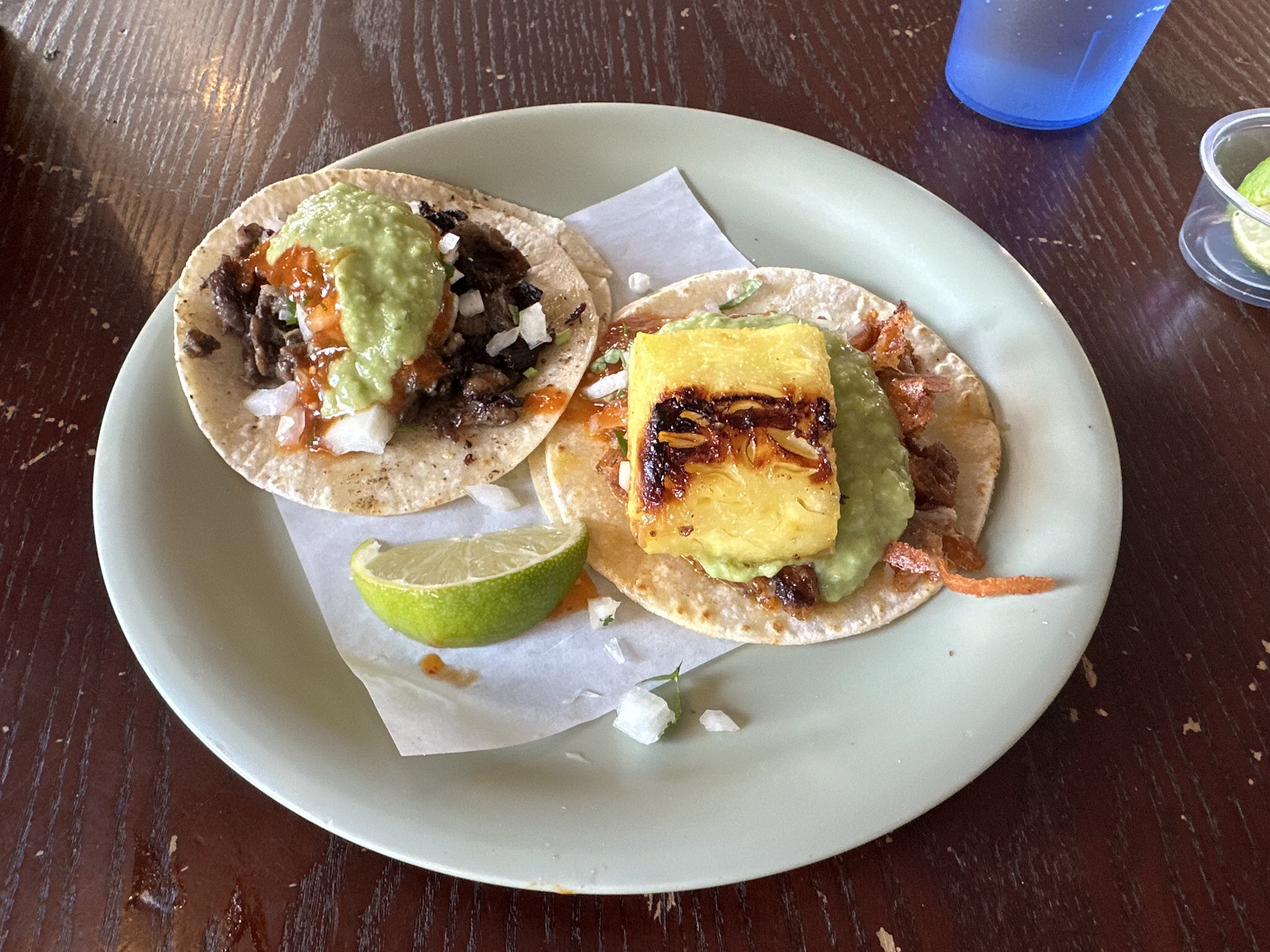 carne asado and adobada pork taco