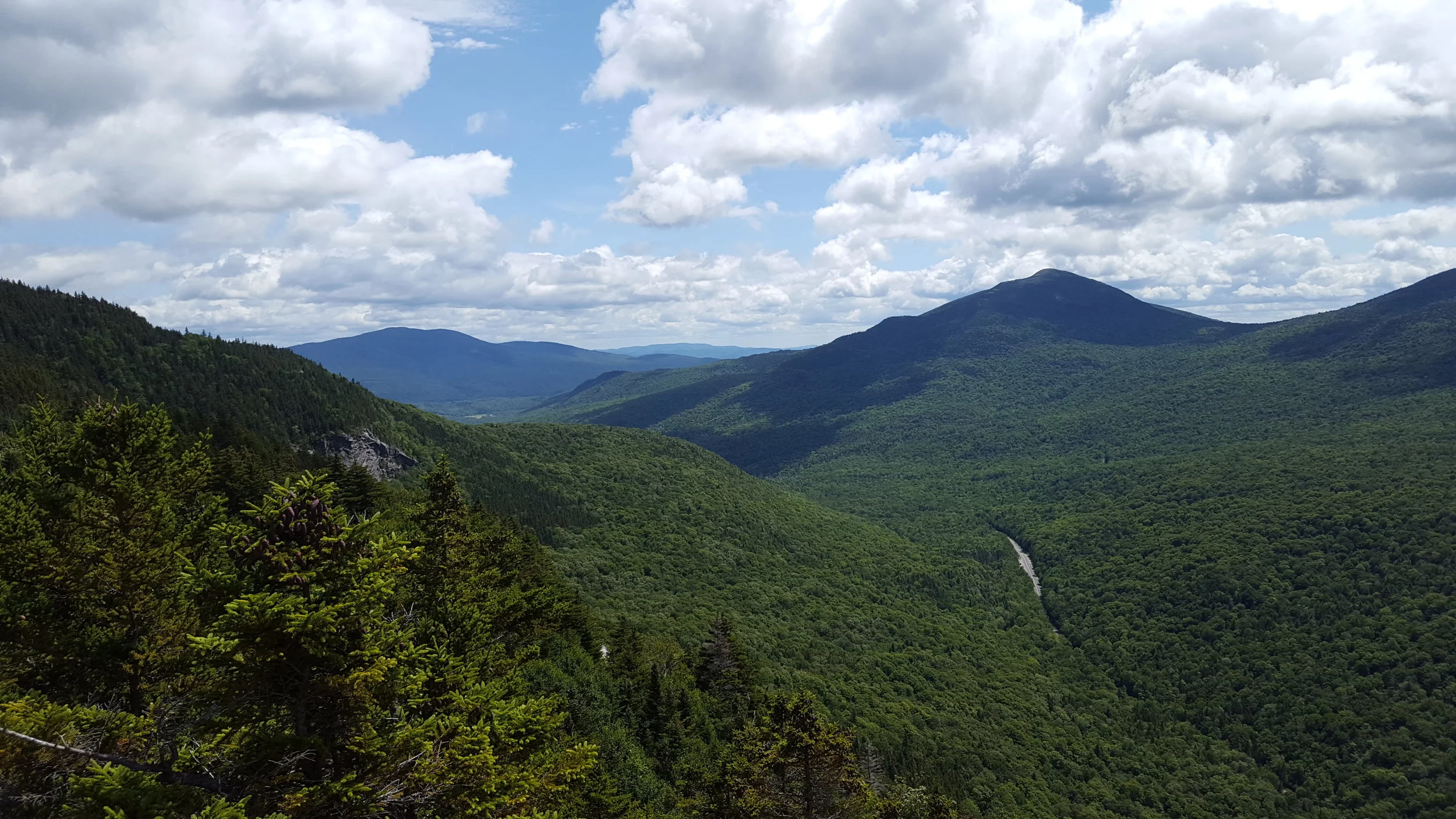 Looking out the notch past Sunday River Whitecap (right) and Puzzle Mountain (left, farther away)