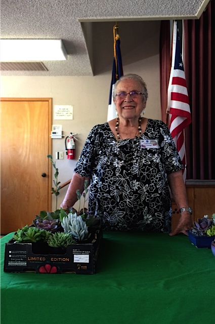  Plant Give-away Chairperson Liana Cauz awaits lucky recipients of succulents donated by Laura Balaora. 