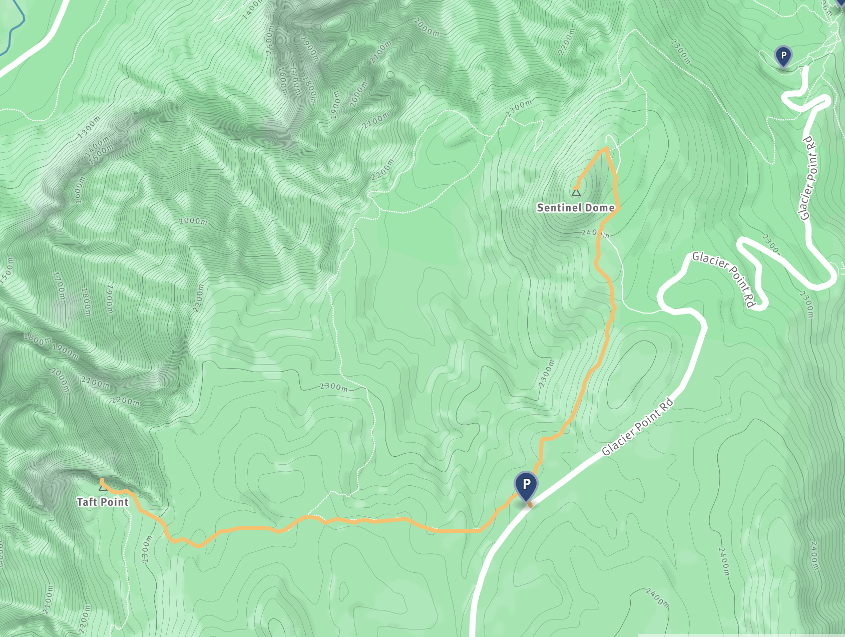 Just a few miles down from Glacier Point is the trailhead for Sentinel Dome and Taft Point. Try to arrive early or later in the day to find a spot in the small parking lot.