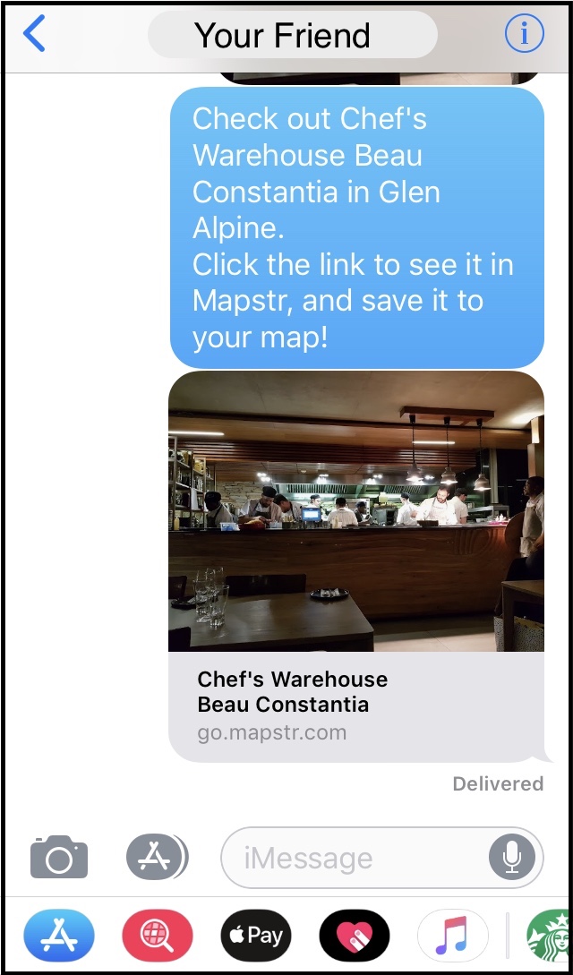 Here I'm texting a highly-rated restaurant, Chef's Warehouse, to my friend. 