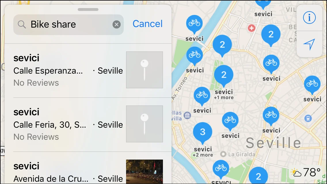 Bike Share Stations in Seville on Apple Maps