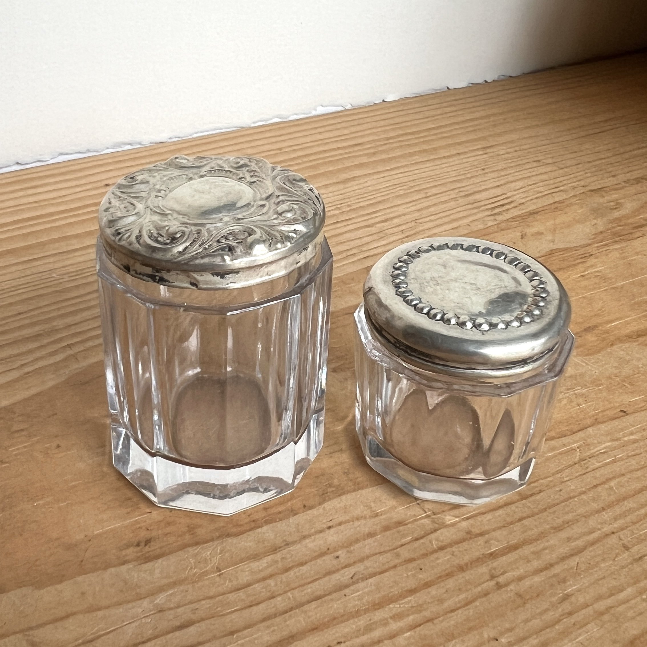 2 Antique Glass/Silver Ink or Vanity Bottles