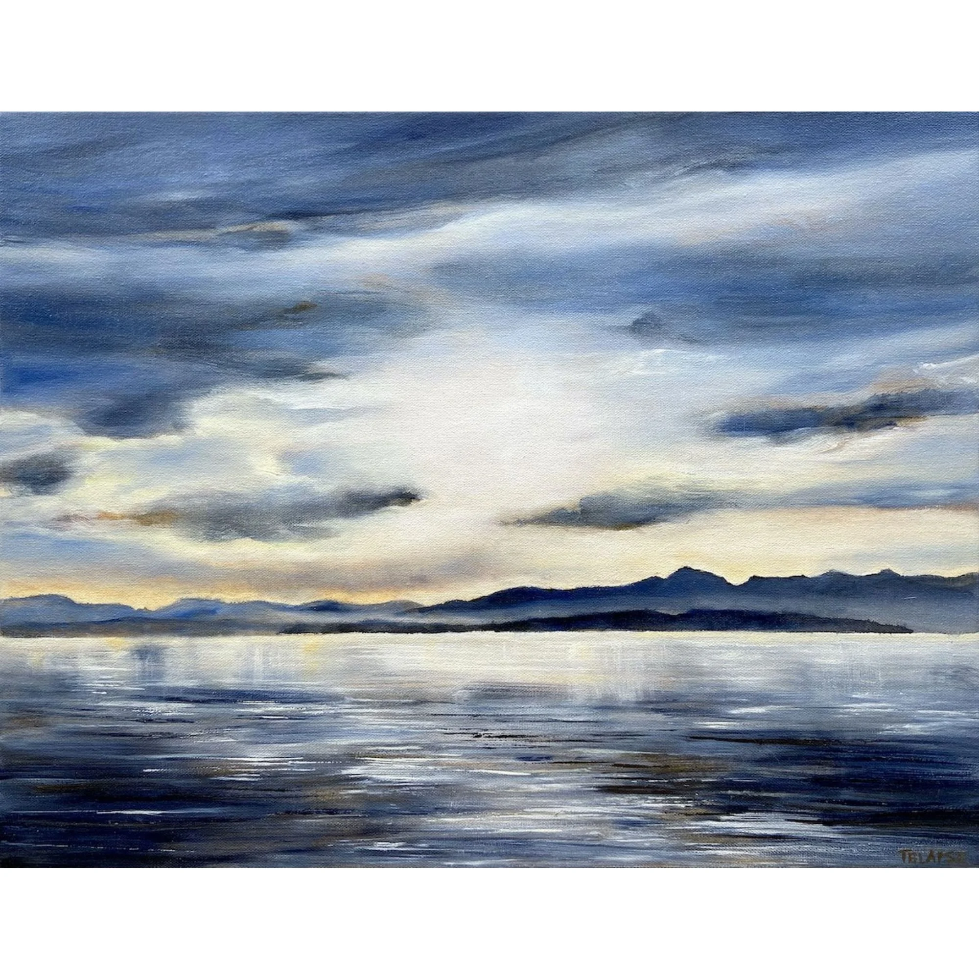 An original painting titled "Cloud Portal" by Tiffany Blaise, featuring a serene seascape with dramatic clouds and reflective waters.