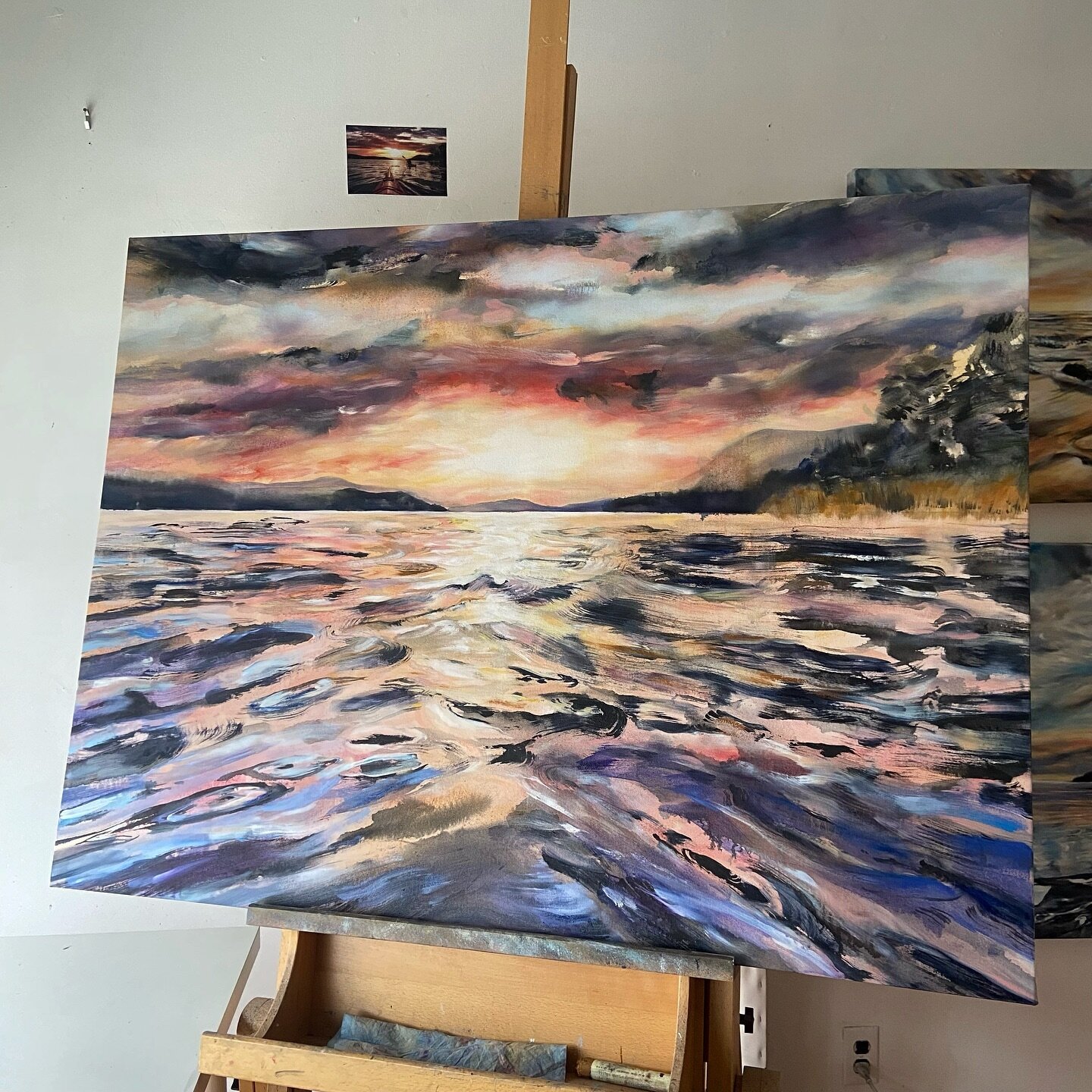 A colourful seascape painting in progress💜 This one is composed from sweeping brush strokes and has sparkling layers of light on the water&rsquo;s surface. Any ideas for what I should I title it!?
.
.
.

#seascapepainting #vancouverart #vancouverart