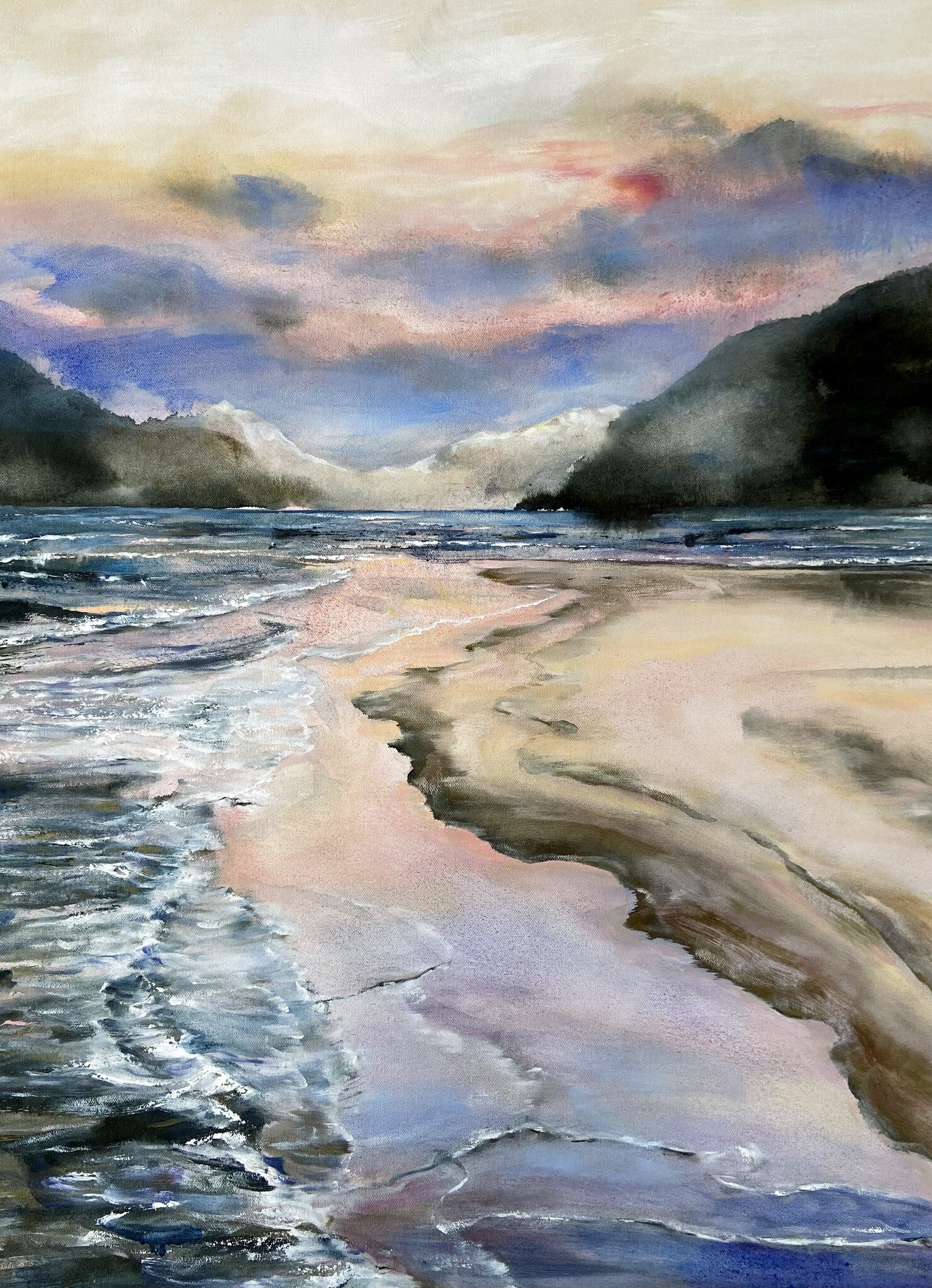 Excited to share a new seascape painting called &quot;Dissolving Tide&quot;. This one features an aerial perspective of a dreamy beach and lots of pink and purple hues..a current obsession💜 🥰 Washes of soft colors create a wash-like effect in this 