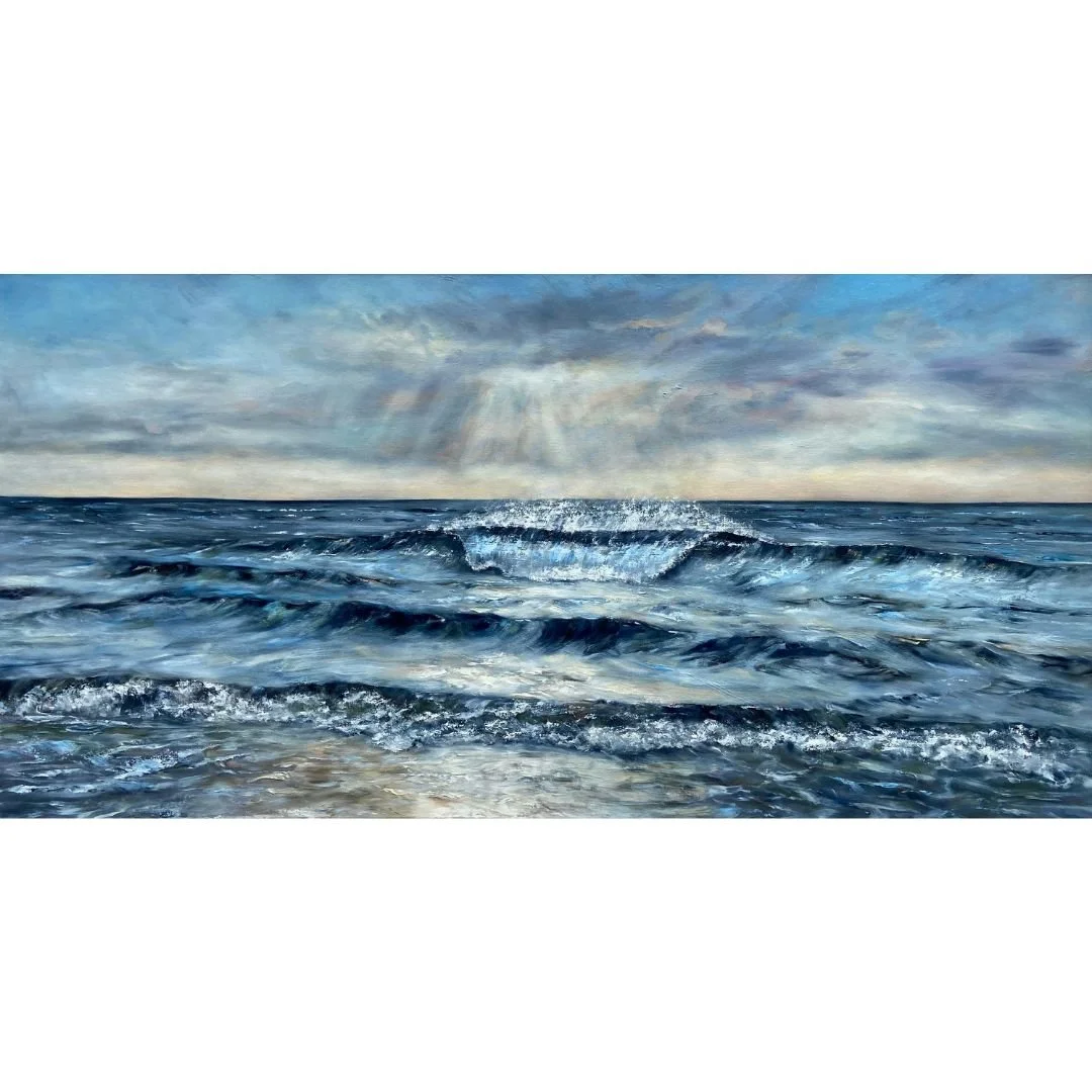 An original painting titled "Breath of the Sea" by Tiffany Blaise, showcasing serene ocean waves under a dramatic, light-filled sky