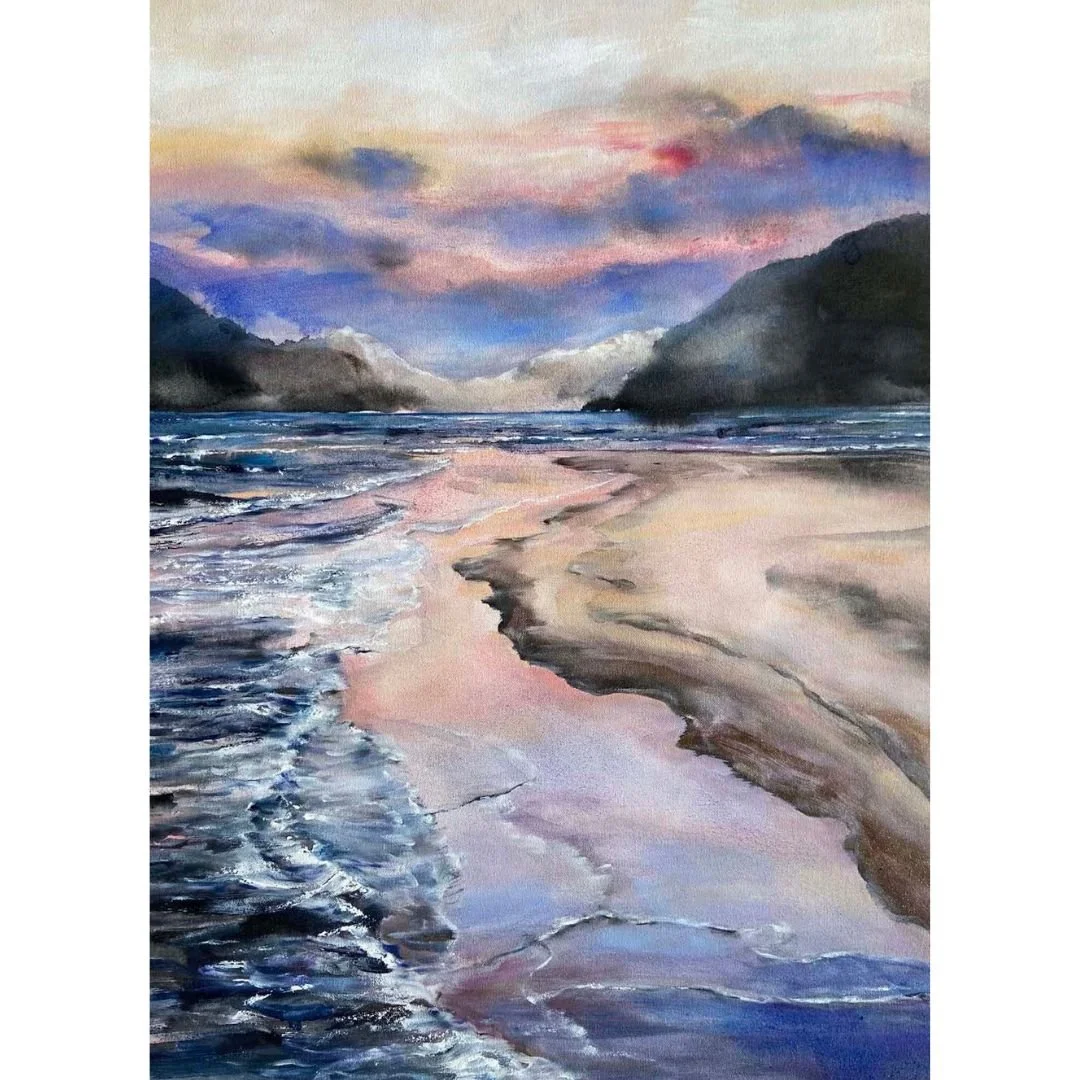 An original painting titled "Dissolving Tide" by Tiffany Blaise, depicting a tranquil beach scene with pastel colours, mountains and ocean waves.