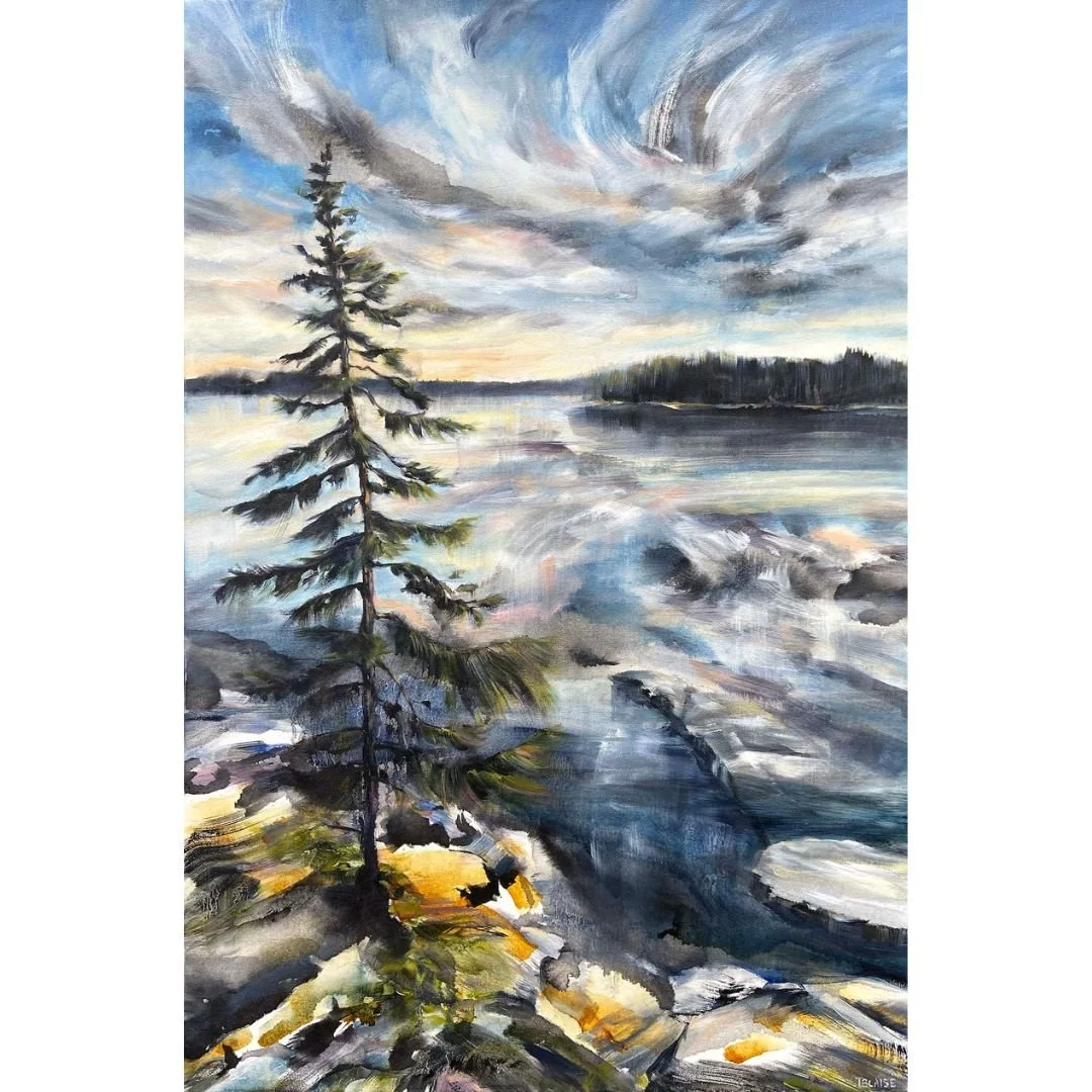 "Wind Waltz" painting by Tiffany Blaise, featuring a lone tree with swirling skies and serene waters.