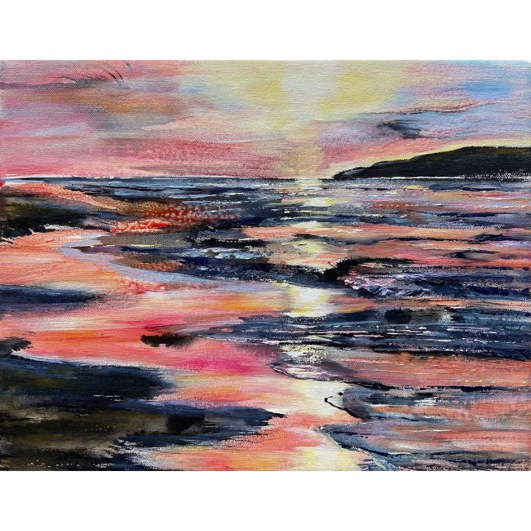 An original painting titled "Coastal Memory" by Tiffany Blaise, featuring vibrant sunset colors reflecting over a dynamic and serene coastline.