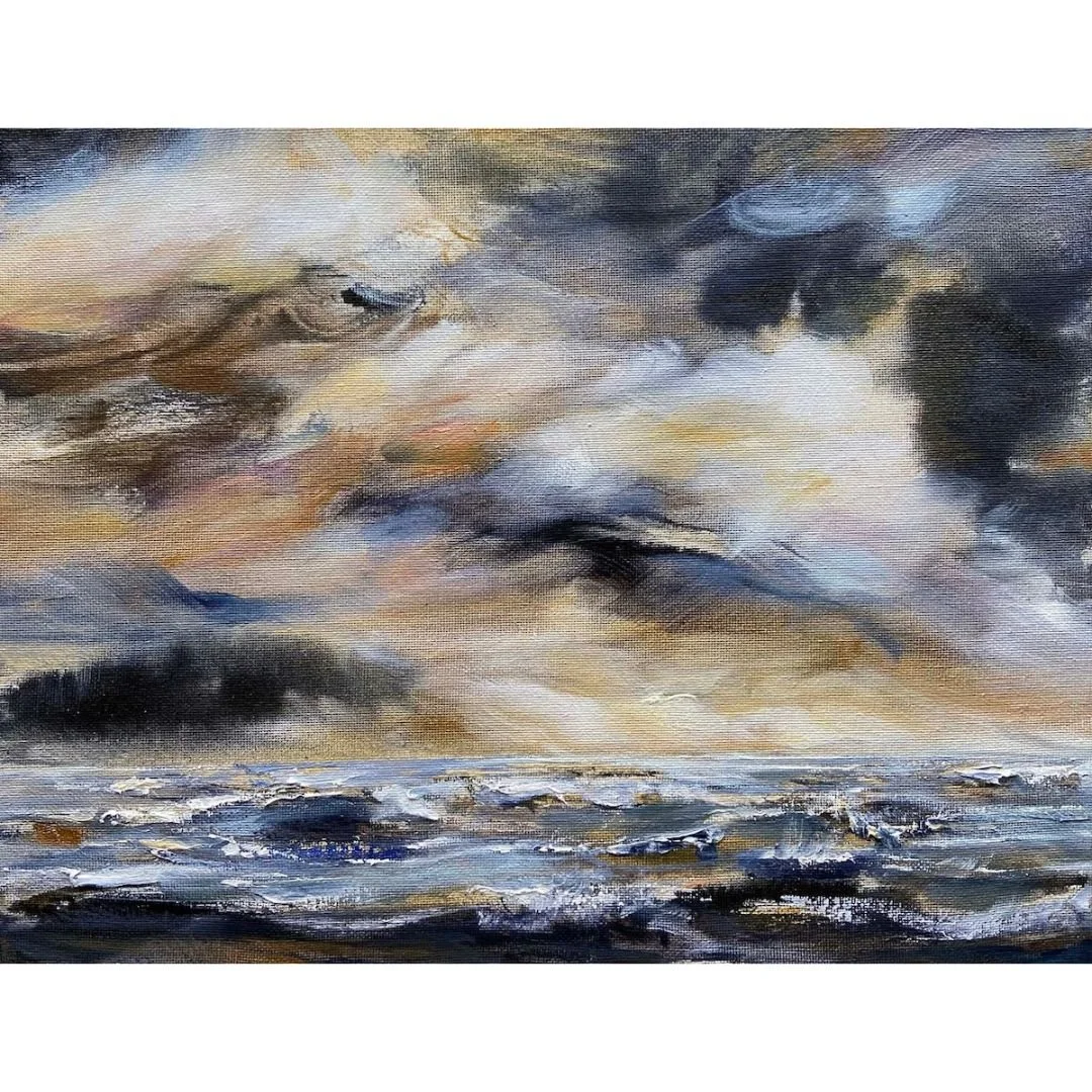 An original painting titled "Billowing Light" by Tiffany Blaise, depicting dramatic stormy skies and turbulent ocean waves with stunning detail.