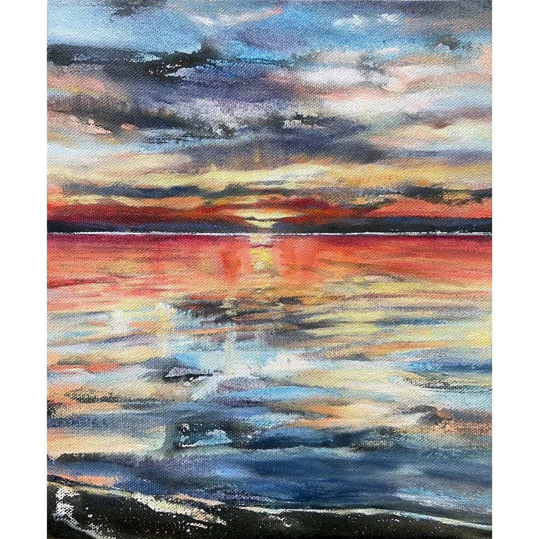 A stunning original painting titled "Water Tapestry" by Tiffany Blaise, showcasing a vibrant sunset reflecting over calm waters with dramatic clouds in the sky.