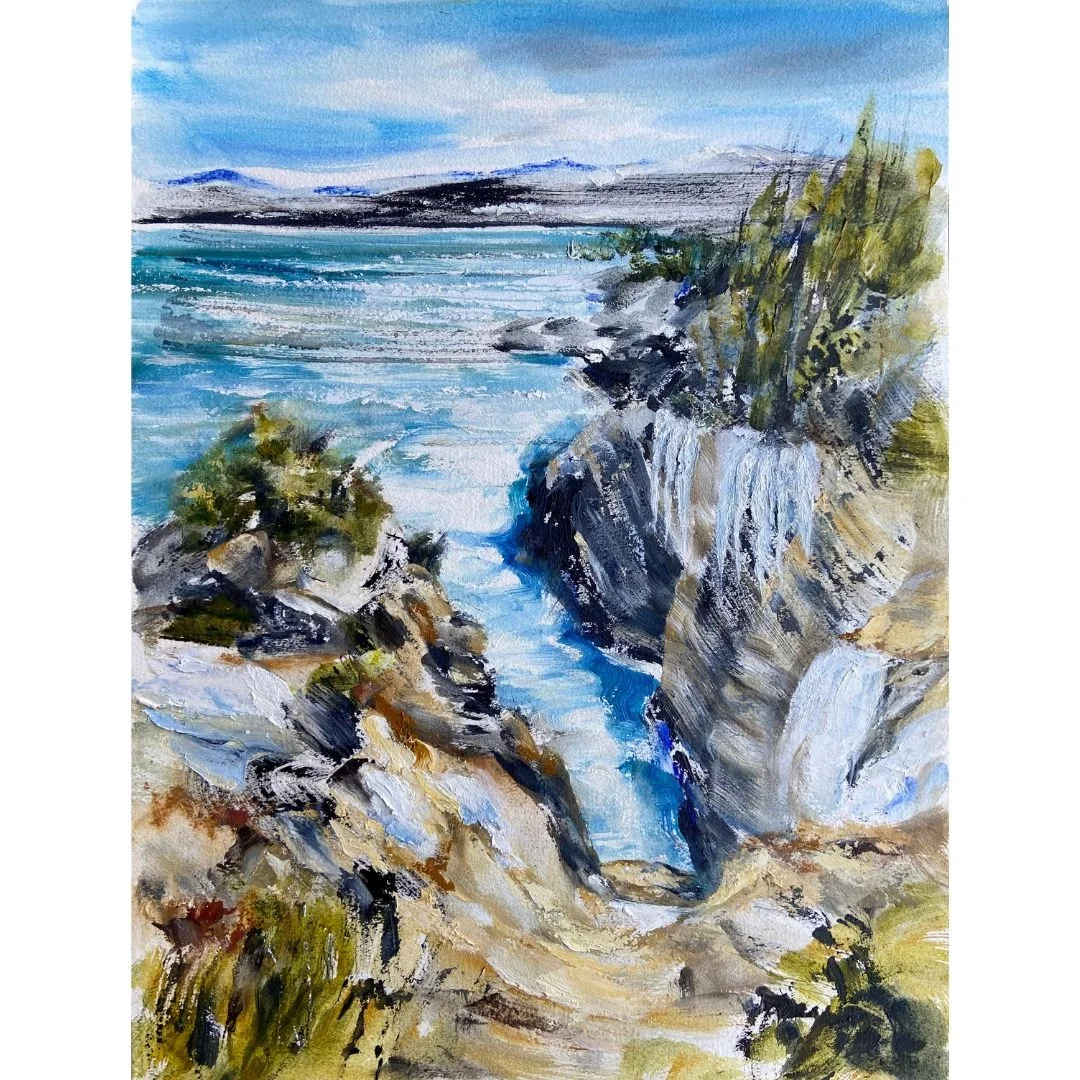 An original painting titled "East Coast Trail" by Tiffany Blaise, showcasing rugged coastal cliffs, turquoise waters, and vibrant natural scenery.