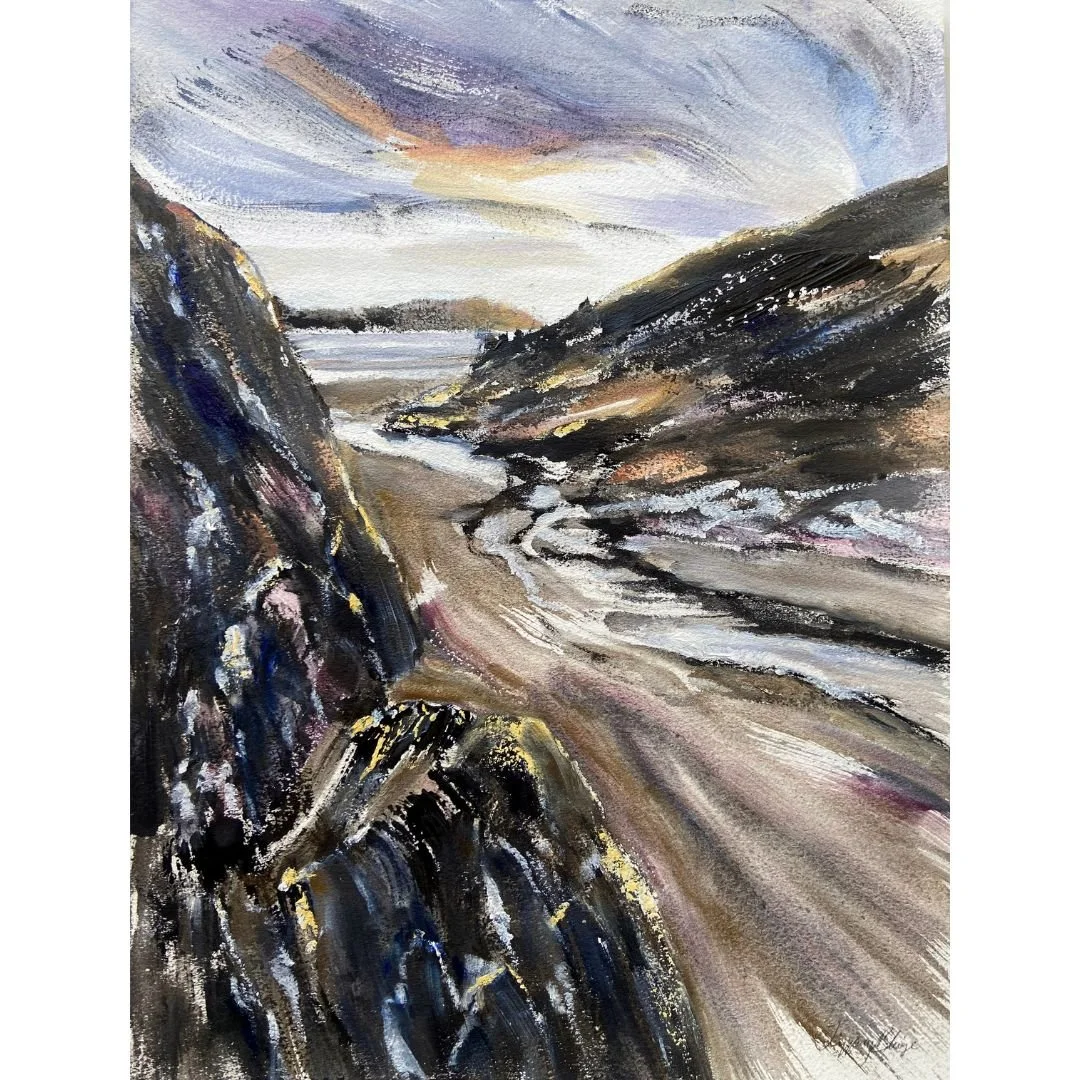 ChatGPT An original painting titled "Intricate Passage" by Tiffany Blaise, depicting a dramatic coastal landscape with winding paths and vibrant sunset colors.