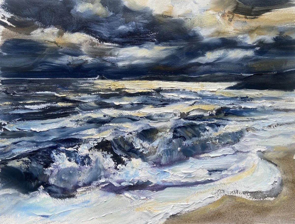 An original painting titled "Tumbled in an Inky Sea" by Tiffany Blaise, depicting dramatic waves and stormy skies over a tumultuous ocean.