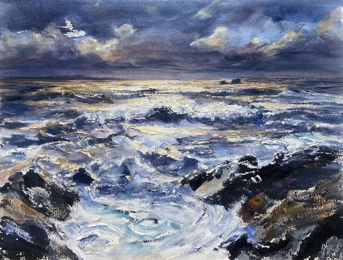 An original painting titled "Sapphire Stream" by Tiffany Blaise, depicting stormy seas with crashing waves and dynamic, vivid colors.