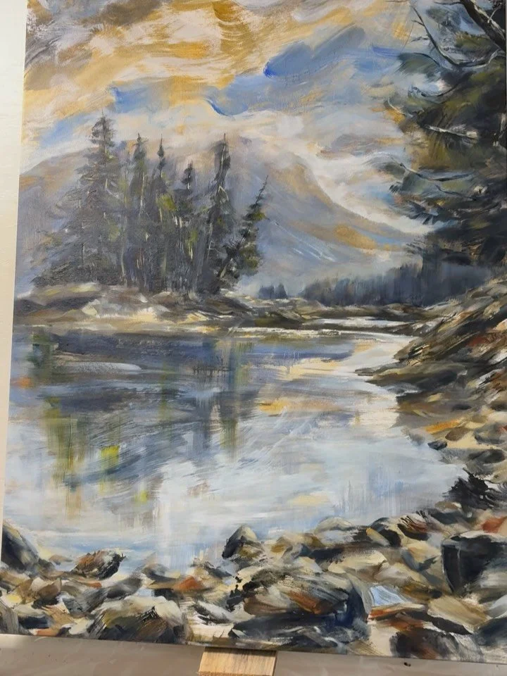 Working on a new dynamic coastal painting @cassiarcannery artist residency and am very excited about where it&rsquo;s headed! 

Scroll through to see it in an earlier state and the inspiration image for it captured on the Butze Rapids trail in northe