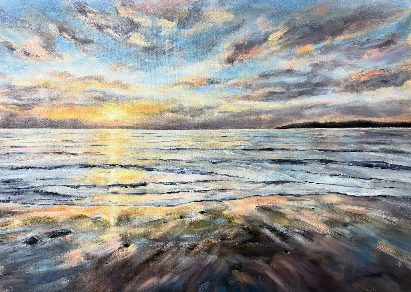 Back in the studio and working with some fresh inspiration from a magical trip to Haida Gwaii! We witnessed the sunrise in this painting on the drive across the island on our very first morning there, and I couldn&rsquo;t wait to paint the colours an