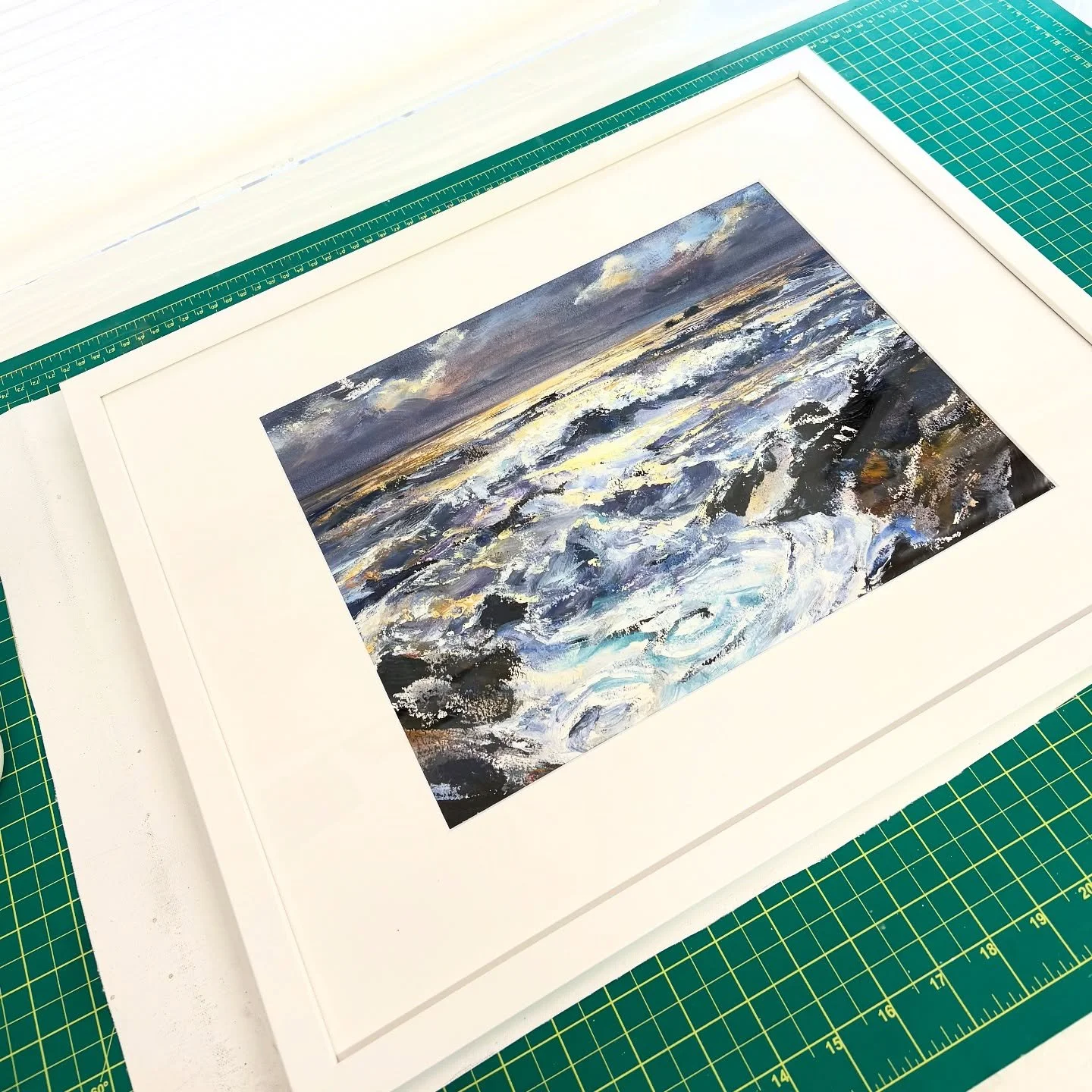 Delighted to be framing and sending this gorgeous sparkly seascape to a new art lover in Ontario! 🎉 

This painting was created with brushes and pallet knives on beautiful on Arches oil paper. I love the freedom of working on paper, which is easy to