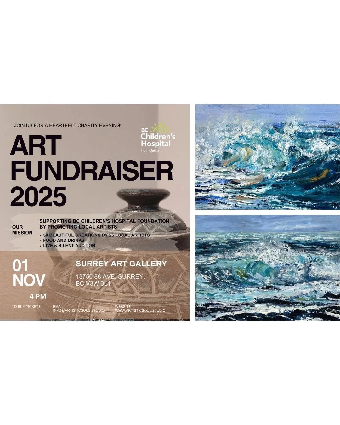 Proud to be taking part in an Art Fundraiser for the BC Children's Hospital at Surrey Art Gallery on Nov 1 π¨This wonderful event will feature 50 artworks by local artists across Greater Vancouver. This is a fantastic chance to support a great cause