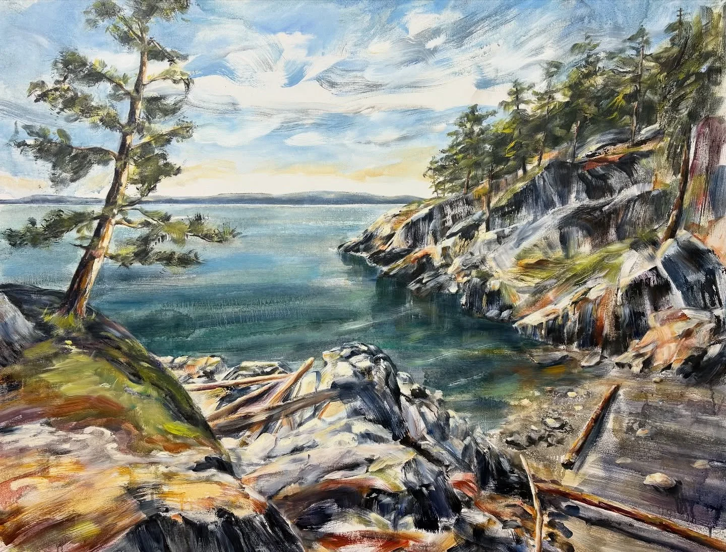 Every brushstroke in this painting is a conversation between texture, light, and motion&hellip;the twisted pine shaped by coastal winds, the layered cliffs catching the afternoon sun, and the water shifting from deep teal to shimmering gold☀️

I spen