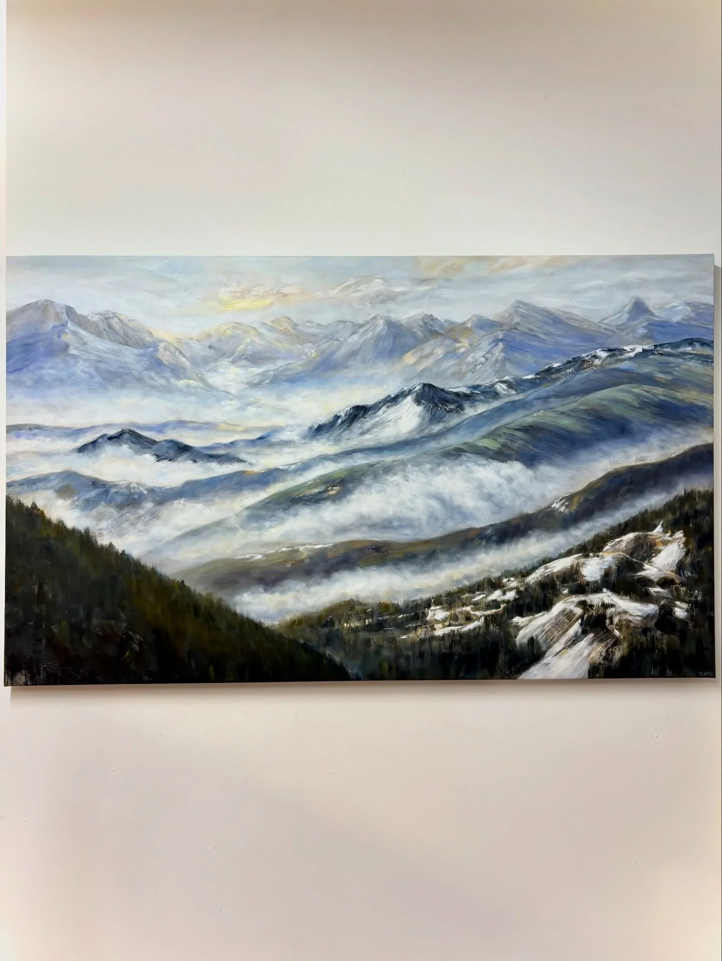 Thrilled to reveal my finished painting of a journey through misty mountains🏔️This piece pushed me to my limits with its intricate colour gradations and depth perception, but I learned so much from painting it 💖 Come see it in person @culturecrawl 