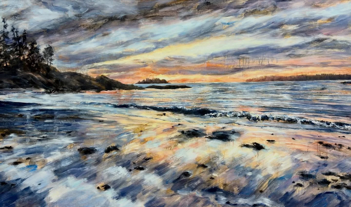 Inspired from a photo taken at Halfmoon Bay in Ucluelet, this painting grew out of one of those rare, magical evenings where golden hour seemed to glow from every direction. Light, water, and sky all blurring together, a quiet moment that stayed with