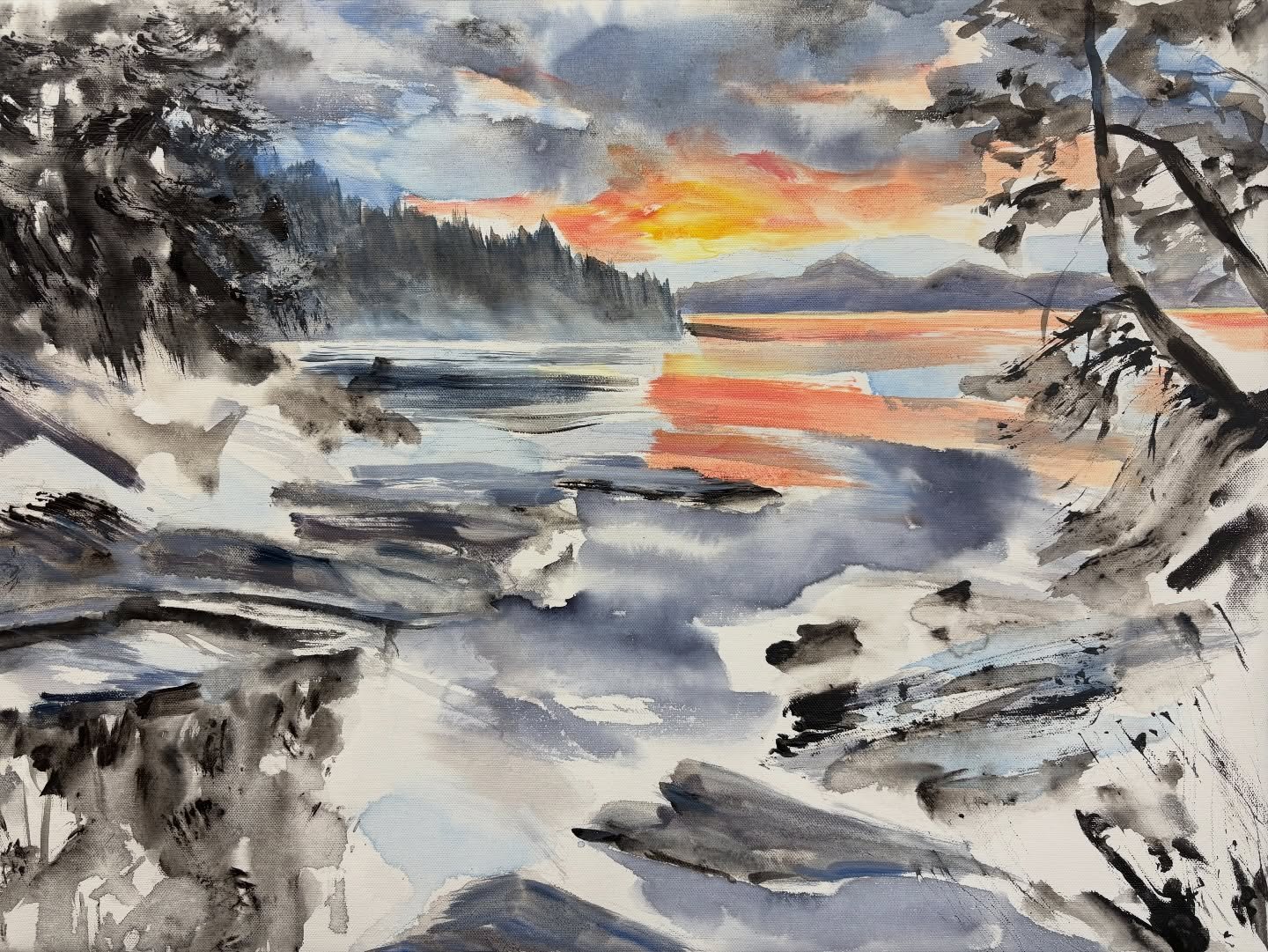 Sharing a process image of a seascape painting in progress! This in-between stage when the scene is starting to take shape is always exciting💖🎨

🤔At this point I&rsquo;m thinking&hellip;
Which marks will remain after more layers are added? 

Where