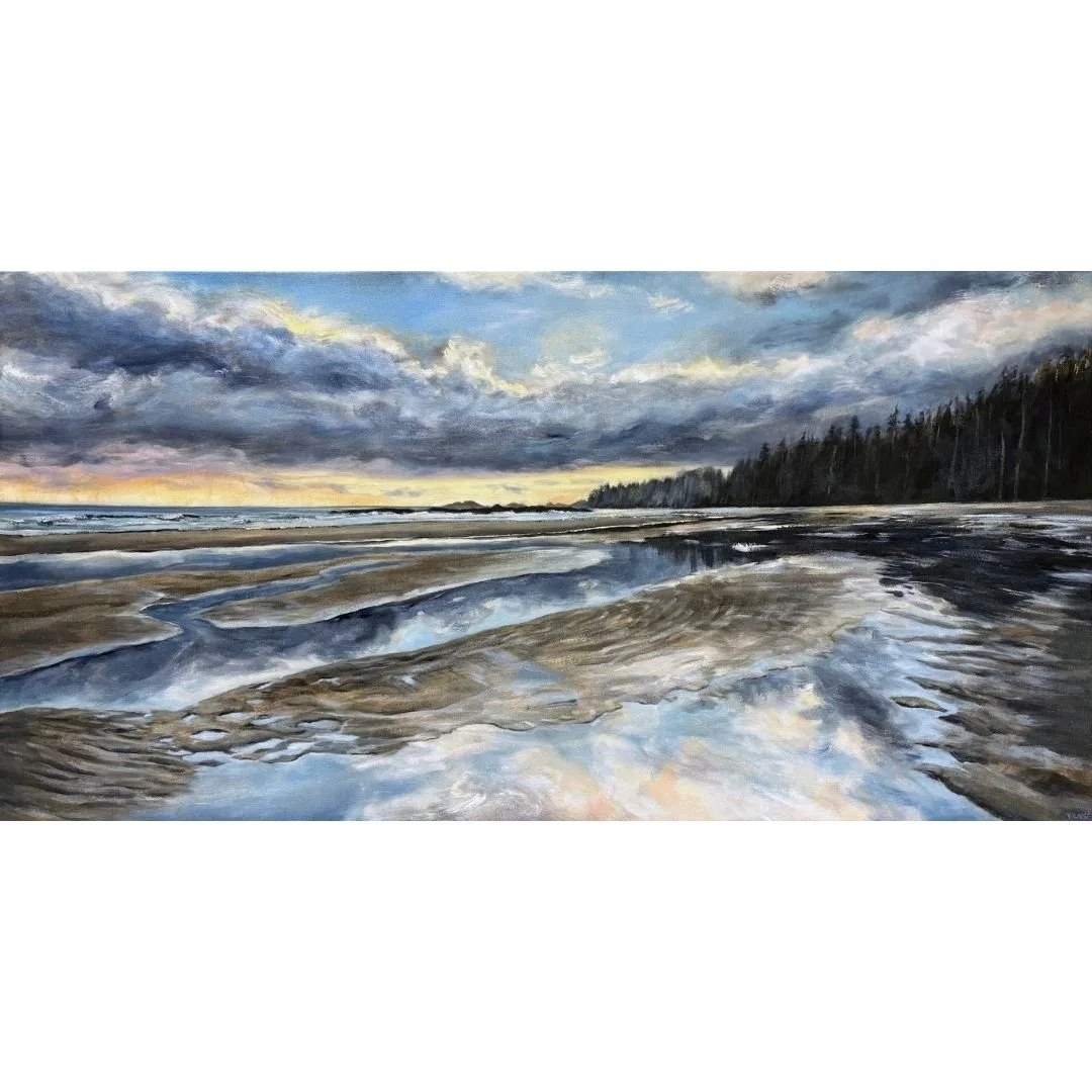 Full-view artwork of "Surrender of The Storm" by Tiffany Blaise—an original 24"x 48" mixed media coastal painting capturing dramatic skies and shoreline waves.