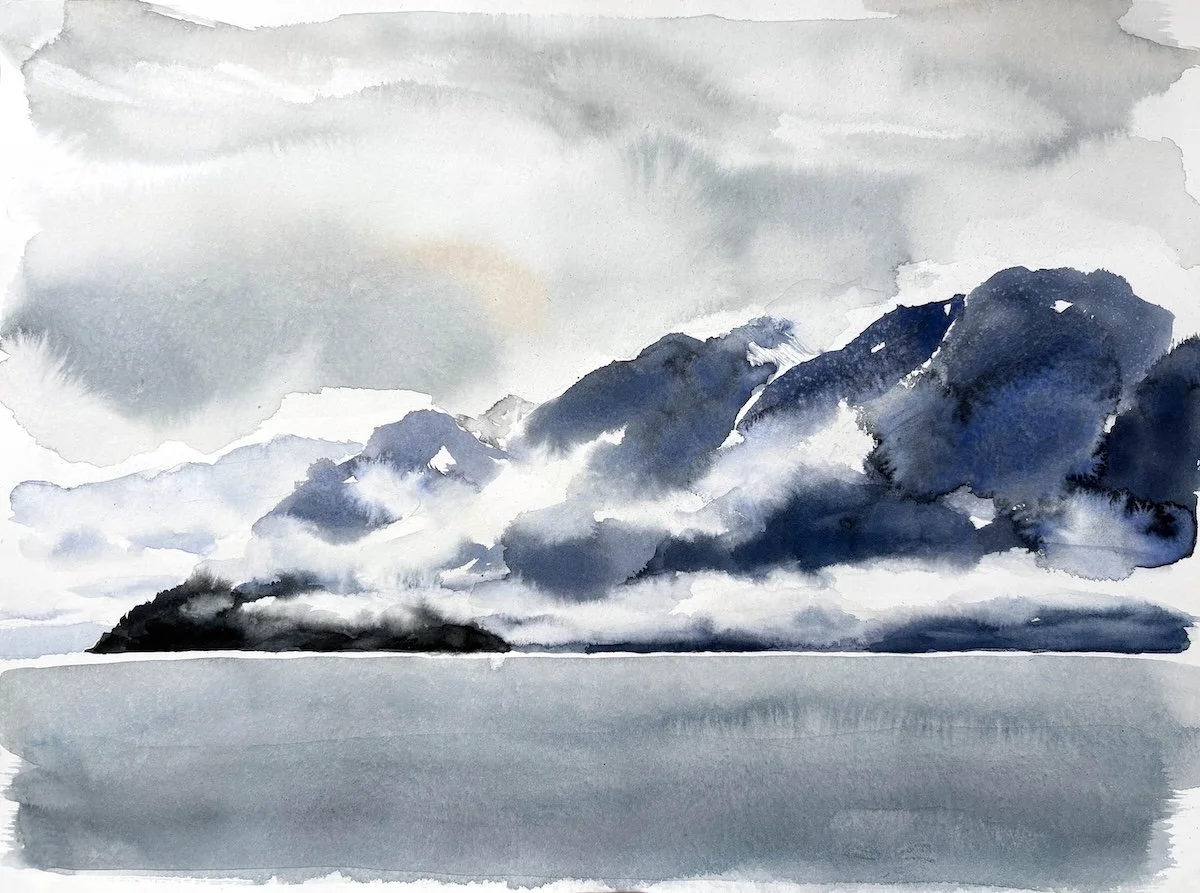Original watercolor painting of atmospheric clouds over a calm coastal mountain horizon by Tiffany Blaise