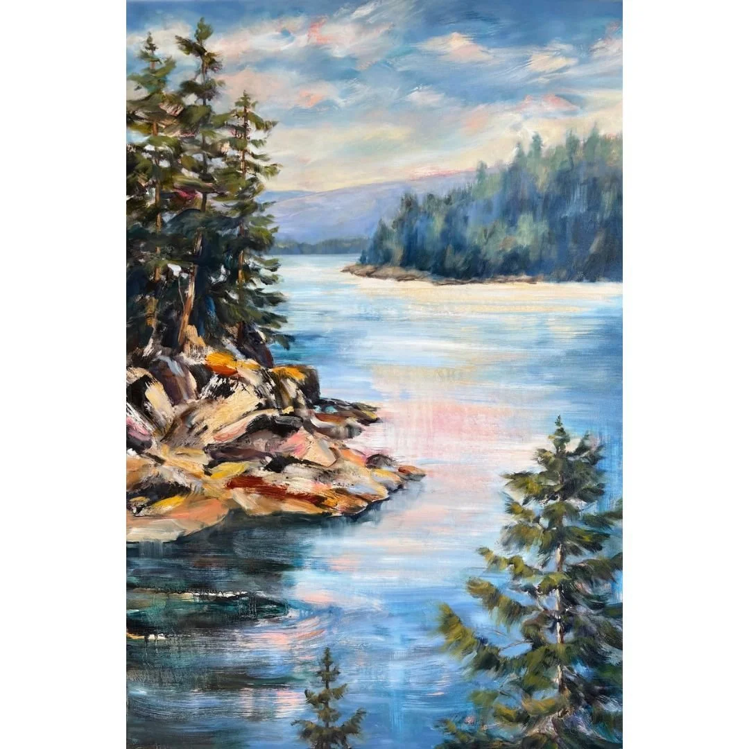 Full canvas view of Tales of the Tides by Tiffany Blaise, showing fluid coastal wave motion, layered ink currents, and soft shoreline reflections.