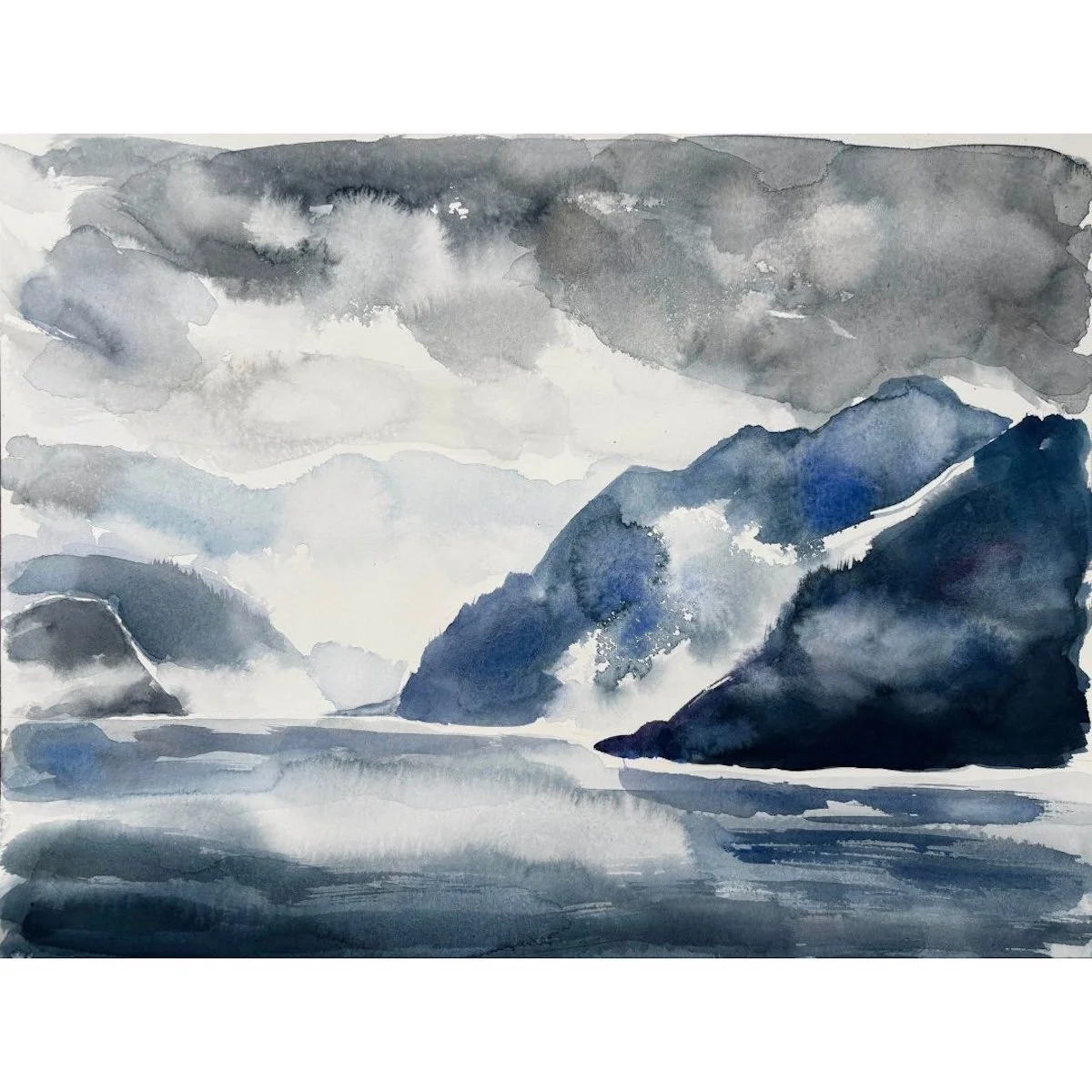 Original landscape watercolor painting of moody coastal mountains and foggy fjord by Tiffany Blaise