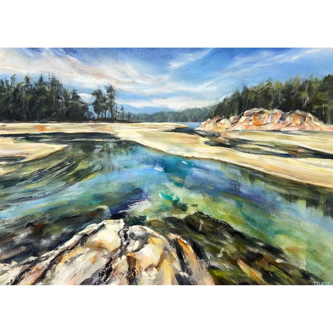Full canvas perspective of With the Flow by Tiffany Blaise, showcasing swirling tidal currents, layered ink washes, and atmospheric horizons.