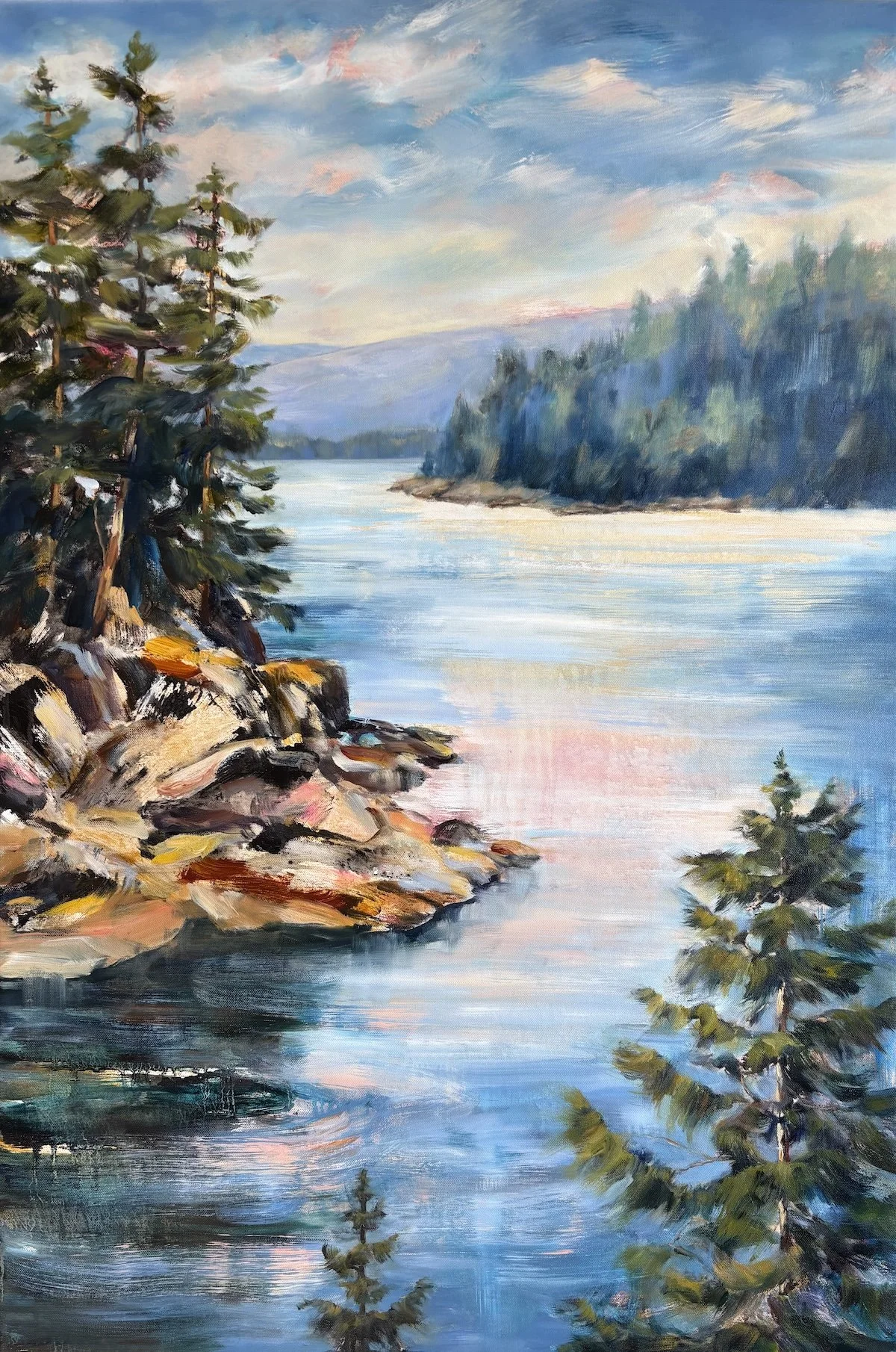 Tales of the Tides original mixed media coastal painting on canvas by Tiffany Blaise depicting fluid ocean wave movements and misty shorelines.