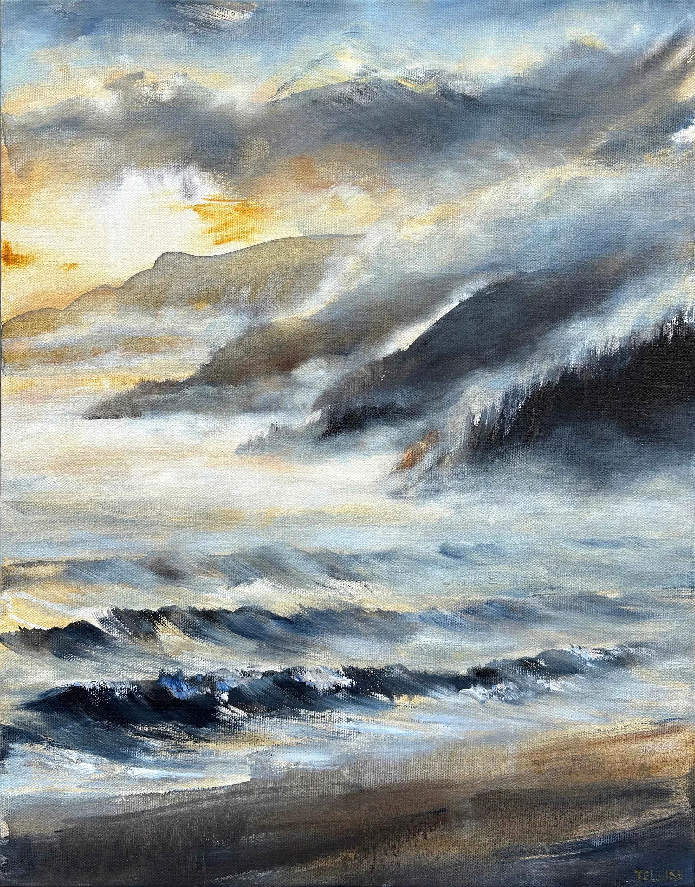 Spirit of the Mist original 20x16 Sumi ink, oil paint, and cold wax painting on canvas by Tiffany Blaise showing mist-shrouded coastal mountains and ocean waves.
