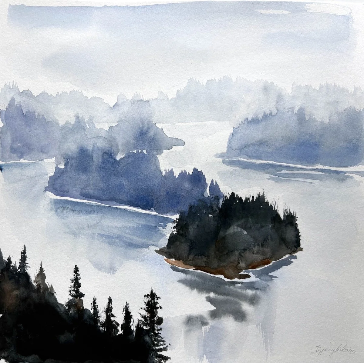 Original square watercolor painting of misty coastal islands and pine trees by Vancouver artist Tiffany Blaise