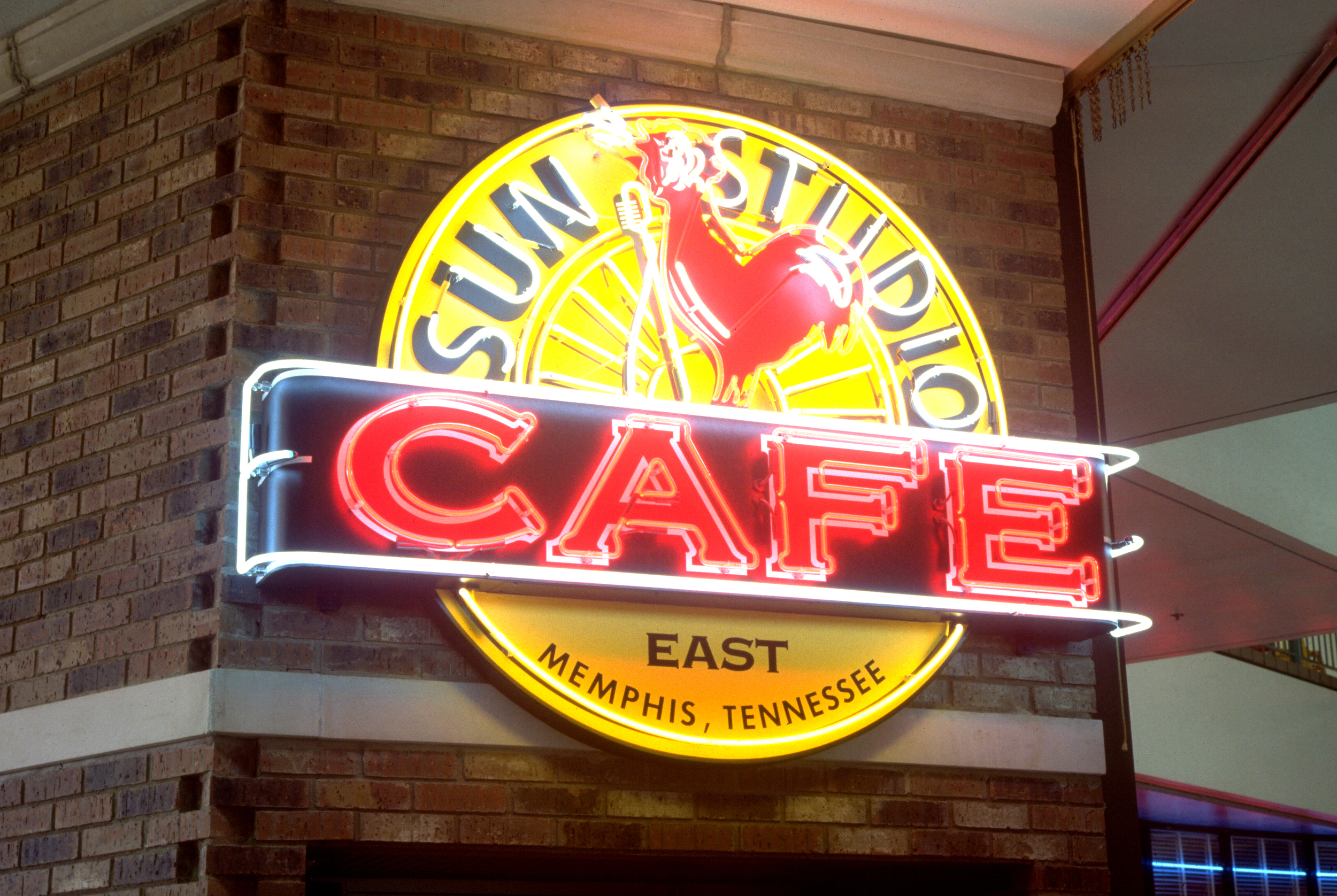  Sun Studio Cafe entrance signage  Branding creative and design by Chuck Mitchell  Sign fabrication and installation by Frank Balton Sign Company Memphis  NOTE: This prototype franchise location is closed. Please visit the original Sun Studio in Memp