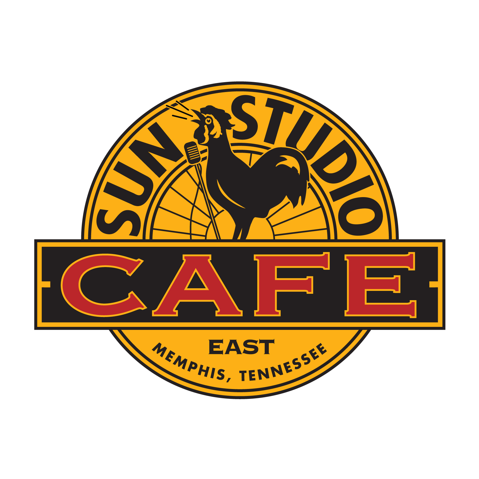  Sun Studio Cafe logo and branding  Branding creative and design by Chuck Mitchell  Updated from original Sun Studio logo with addition of rooster’s microphone and stand 