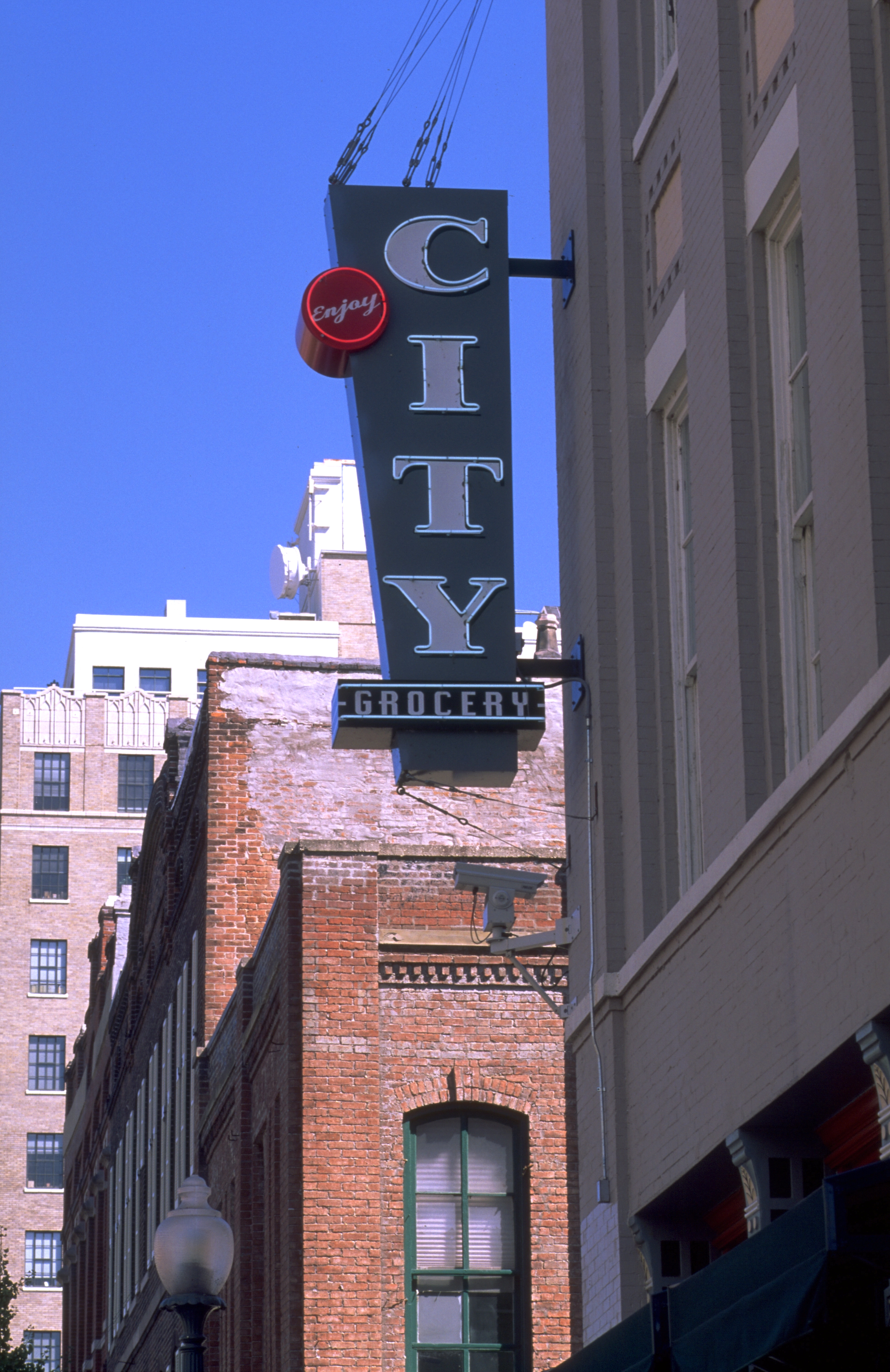  City Grocery exterior signage  Branding creative and design by Chuck Mitchell  Front Street Memphis, TN 
